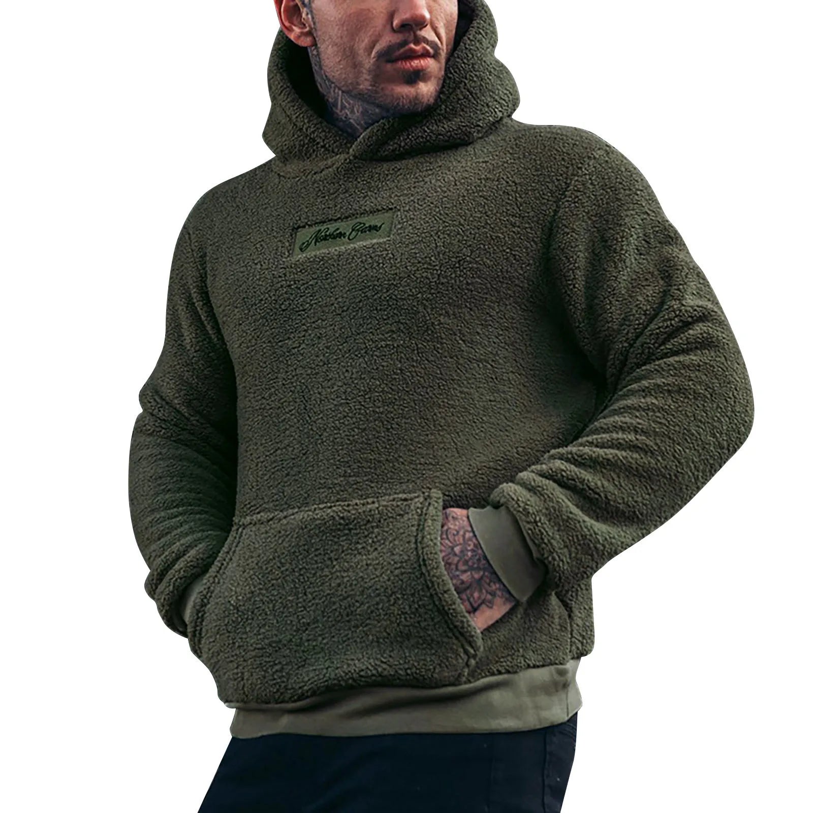 Man Autumn Plush Hoodie Sweatshirt Winter New Fuzzy Fleece Solid Color Letter Long Sleeve Pockets Hooded Sweatshirt Streetwear