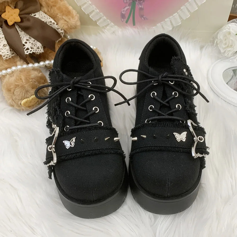 Gothic Chunky Platform Wedges Denim Women Mary Janes Shoes 2024 New Y2k Sweet Cute Fashion Women Shoes Pumps Loafers Comfy Shoes