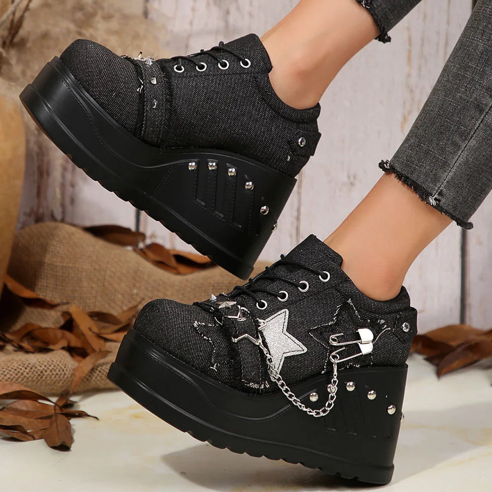 Gothic Chunky Platform Wedges Denim Women Mary Janes Shoes 2024 New Y2k Sweet Cute Fashion Women Shoes Pumps Loafers Comfy Shoes