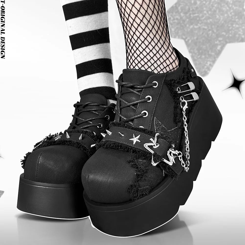 Gothic Chunky Platform Wedges Denim Women Mary Janes Shoes 2024 New Y2k Sweet Cute Fashion Women Shoes Pumps Loafers Comfy Shoes