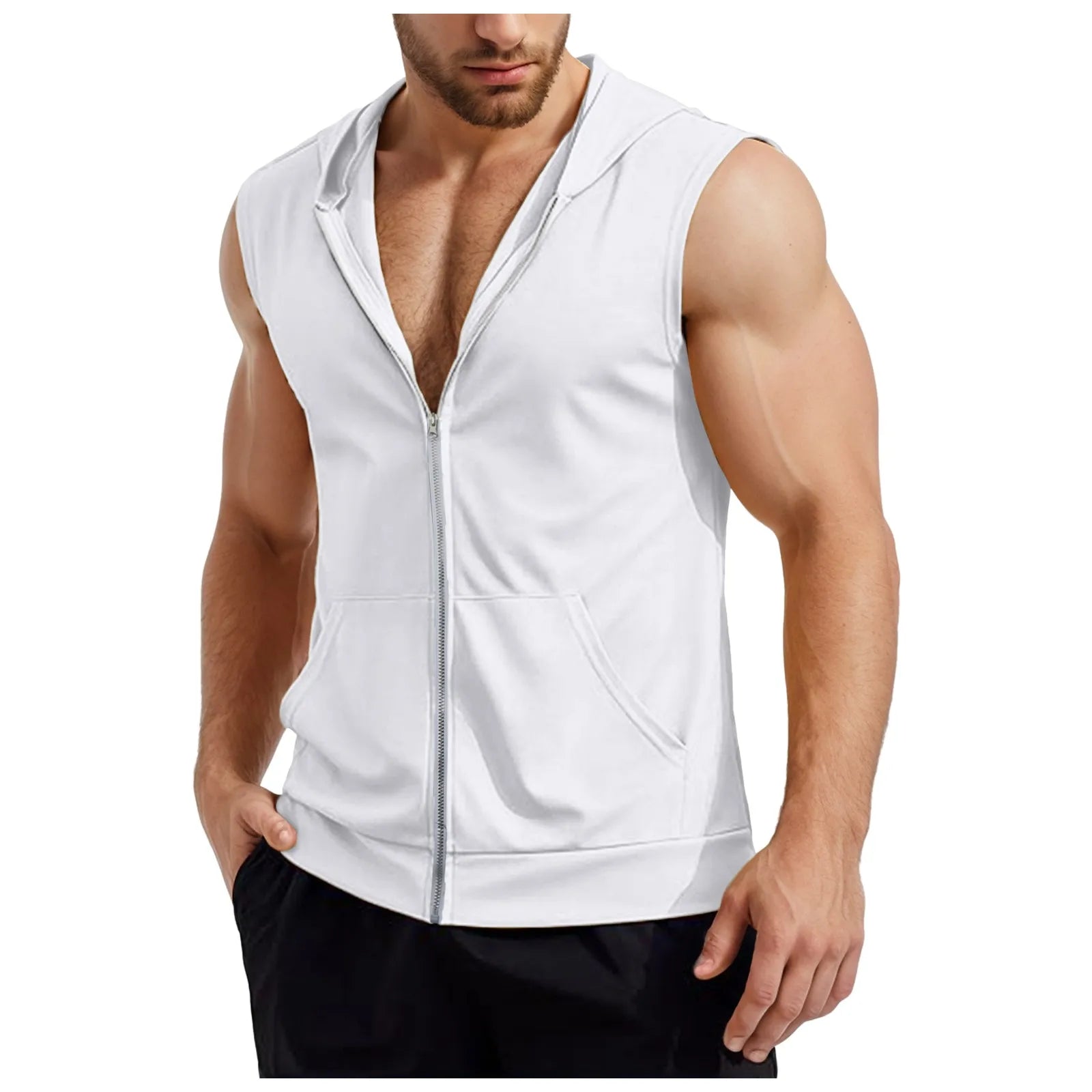 Mens Workout Hooded Tank Tops Zip Up Sleeveless Gym Shirts Muscle T Shirt Summer Bodybuilding Vest Solid Color Hoodies T Shirt