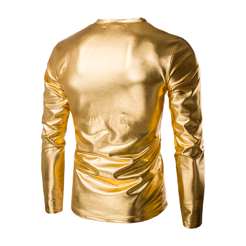 Fashion Mens Shiny Wet Look Long Sleeve T-shirt Top Slim Fit V Neck Blouse Nightclub Style Long Sleeve Tops For Men