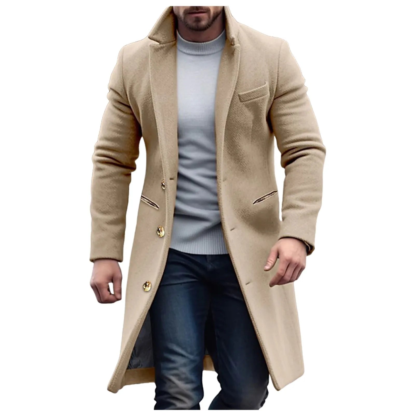 Woolen Mid Length Trench Coat Mens Fashion Jackets Men'S Coat Pocket Work Clothes Loose Fit Casual Long Sleeve Jacket Coat