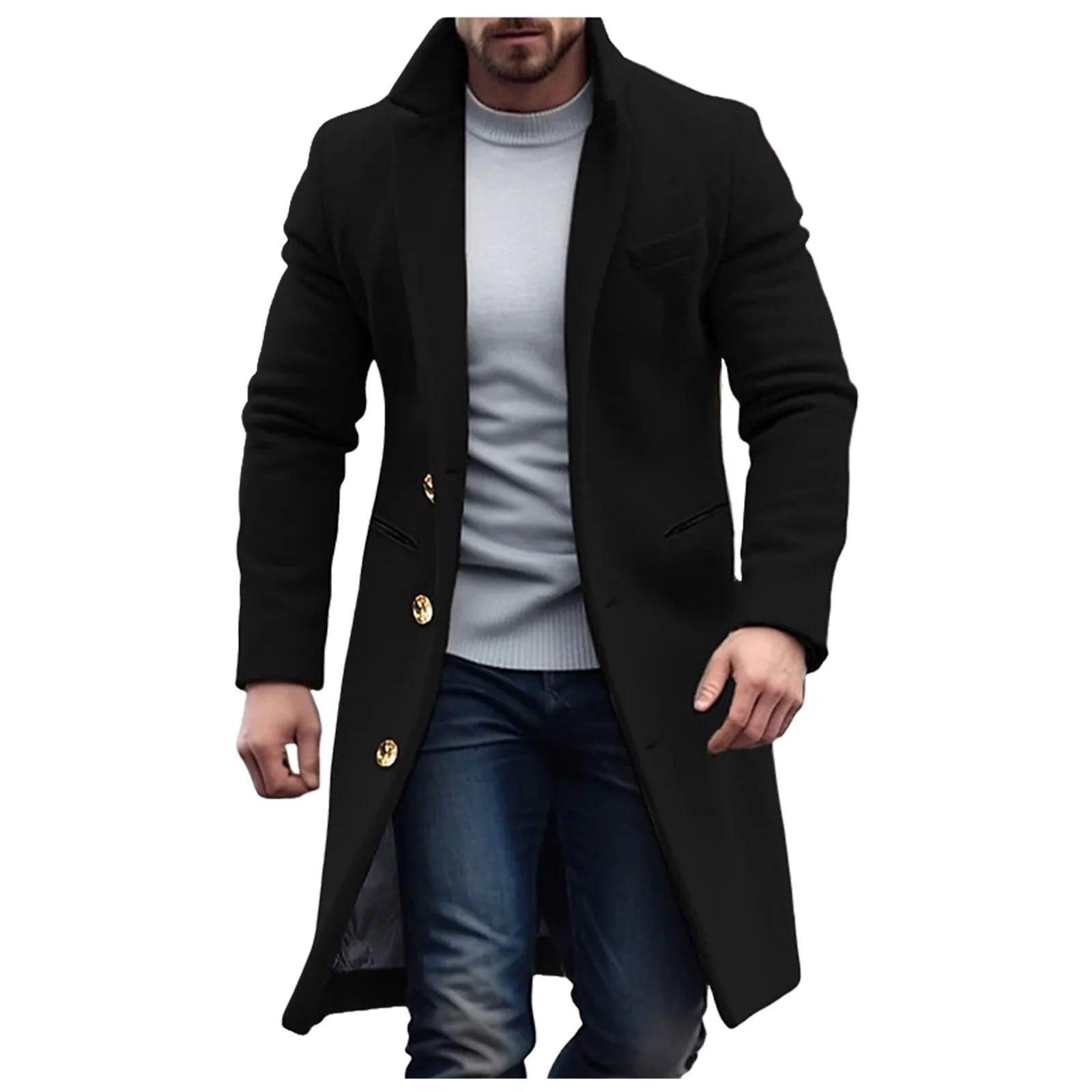 Woolen Mid Length Trench Coat Mens Fashion Jackets Men'S Coat Pocket Work Clothes Loose Fit Casual Long Sleeve Jacket Coat