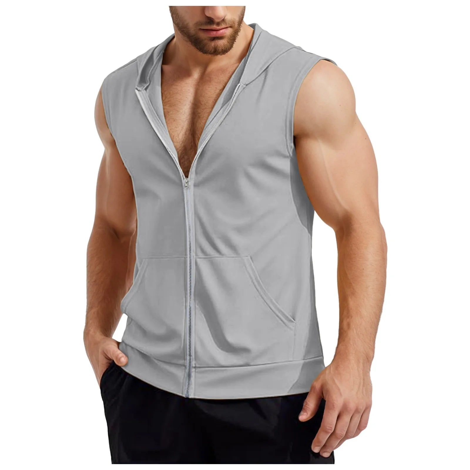 Mens Workout Hooded Tank Tops Zip Up Sleeveless Gym Shirts Muscle T Shirt Summer Bodybuilding Vest Solid Color Hoodies T Shirt