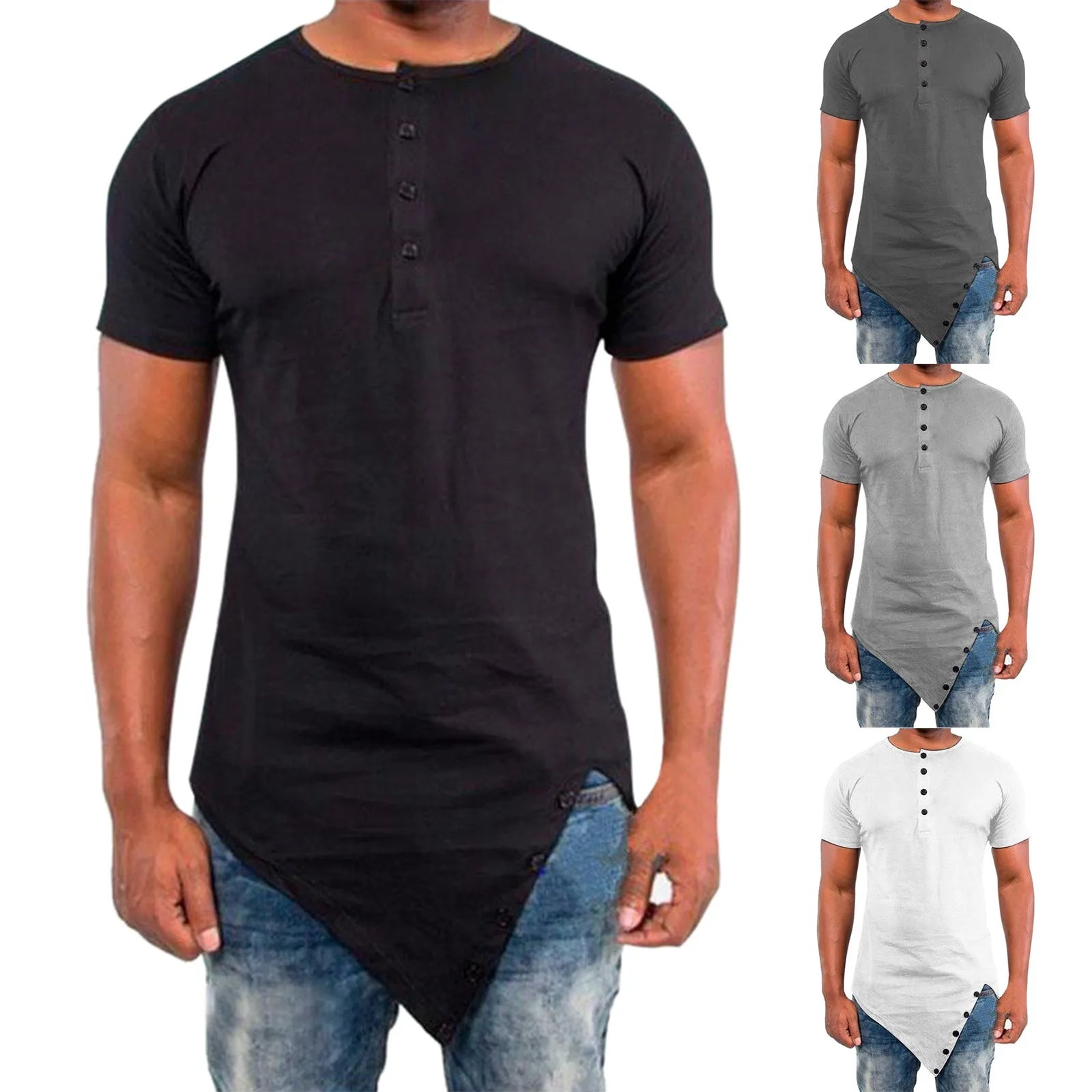 Men Irregular Hip Hop T Shirt Short Sleeve Button Summer Washed T Shirt Man Clothes Fitness Gym Cotton Solid T Shirts Clothing