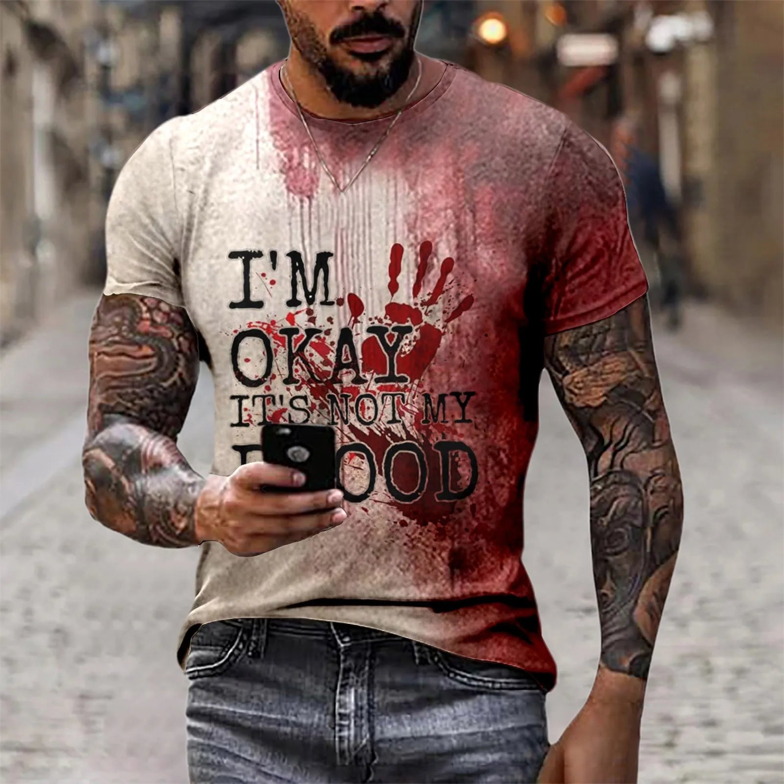 Problem Solved Bloody Fonts T-Shirt Male 2024 Halloween Print Tops Short Sleeve Round Neck Distressed T Shirt Holiday Party Top