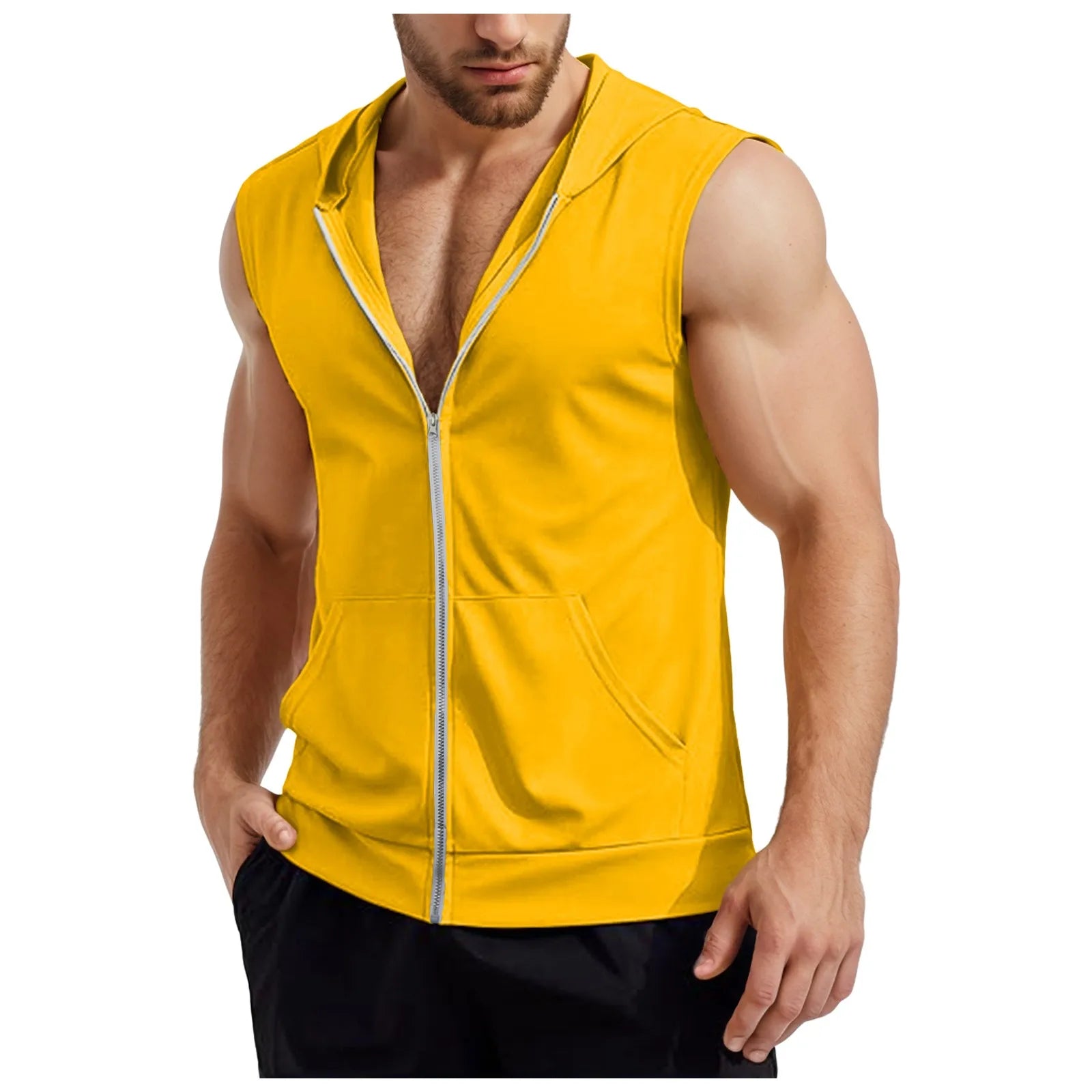 Mens Workout Hooded Tank Tops Zip Up Sleeveless Gym Shirts Muscle T Shirt Summer Bodybuilding Vest Solid Color Hoodies T Shirt