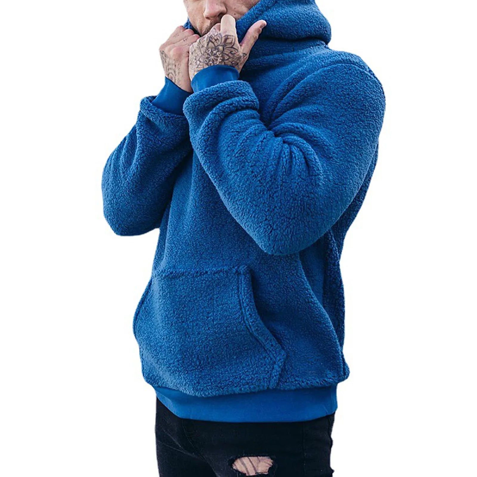 Man Autumn Plush Hoodie Sweatshirt Winter New Fuzzy Fleece Solid Color Letter Long Sleeve Pockets Hooded Sweatshirt Streetwear