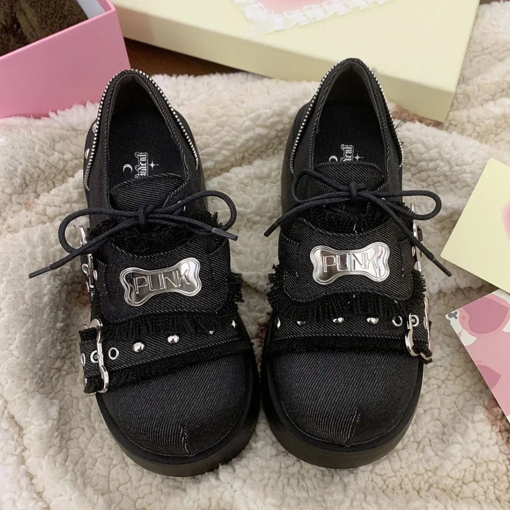 Gothic Chunky Platform Wedges Denim Women Mary Janes Shoes 2024 New Y2k Sweet Cute Fashion Women Shoes Pumps Loafers Comfy Shoes