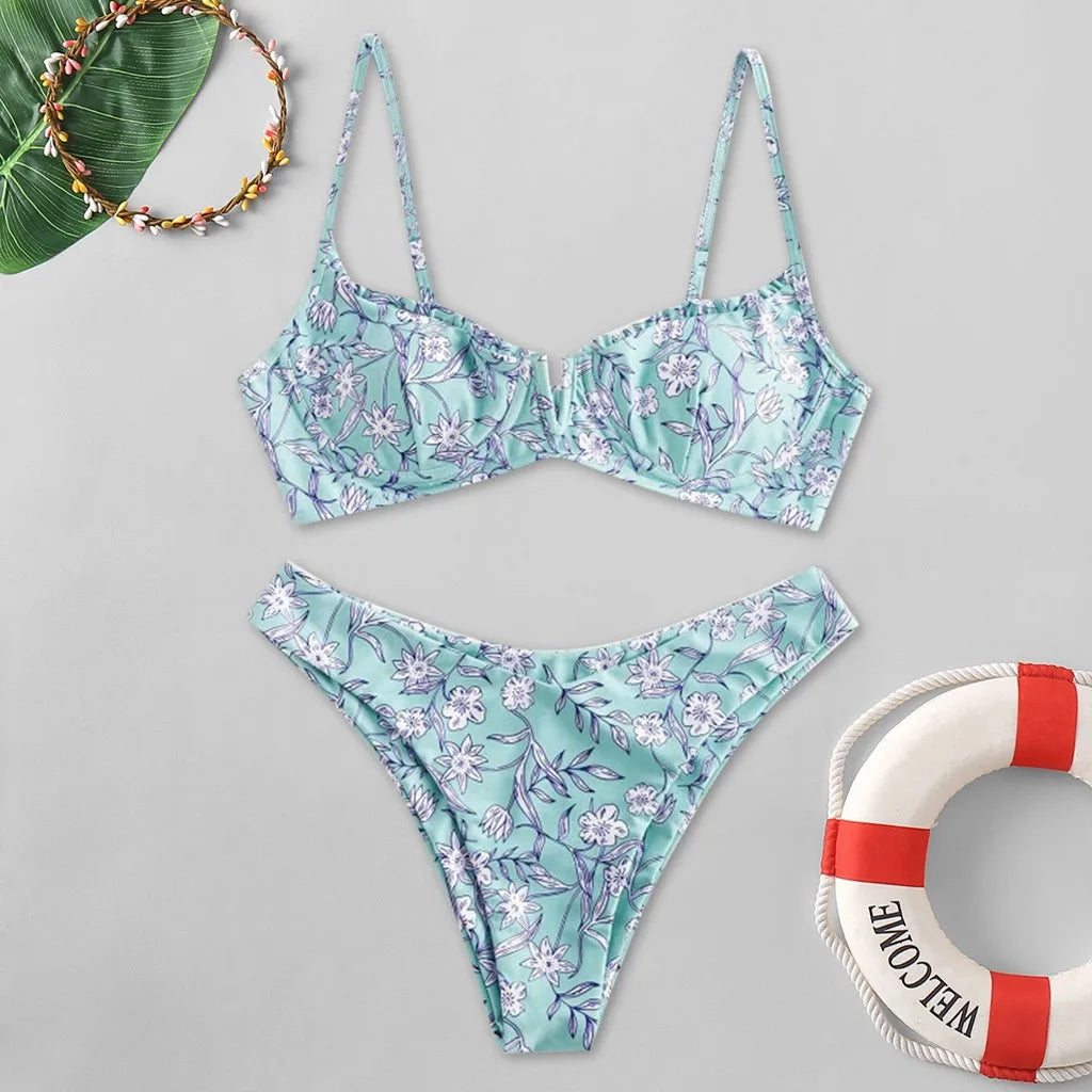 Beach Swimsuits Women Floral Printed Bikinis Set Push Up Bra Split Tankinis Set Summer 2pcs Sexy Bikinis Female Boho Beachwear