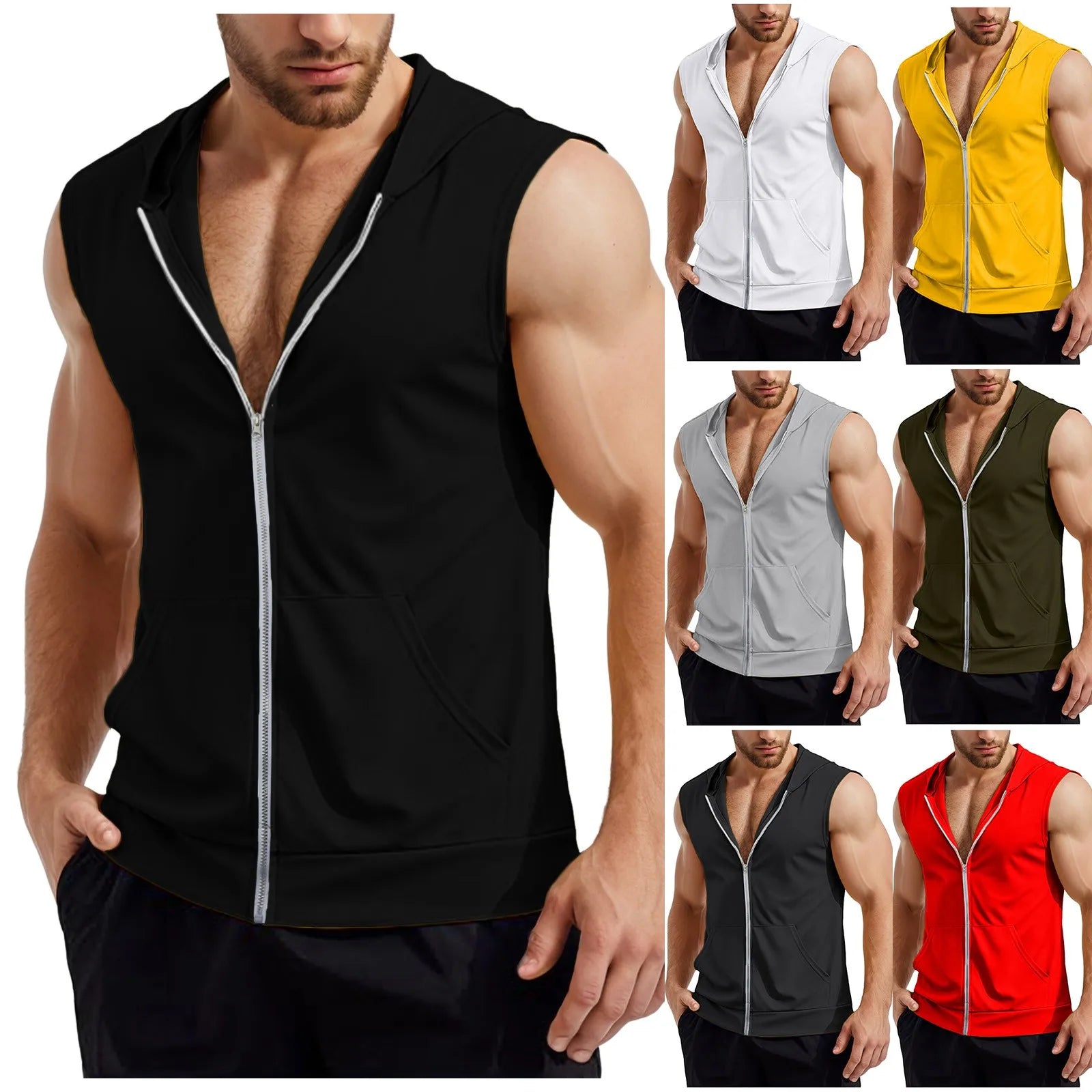 Mens Workout Hooded Tank Tops Zip Up Sleeveless Gym Shirts Muscle T Shirt Summer Bodybuilding Vest Solid Color Hoodies T Shirt