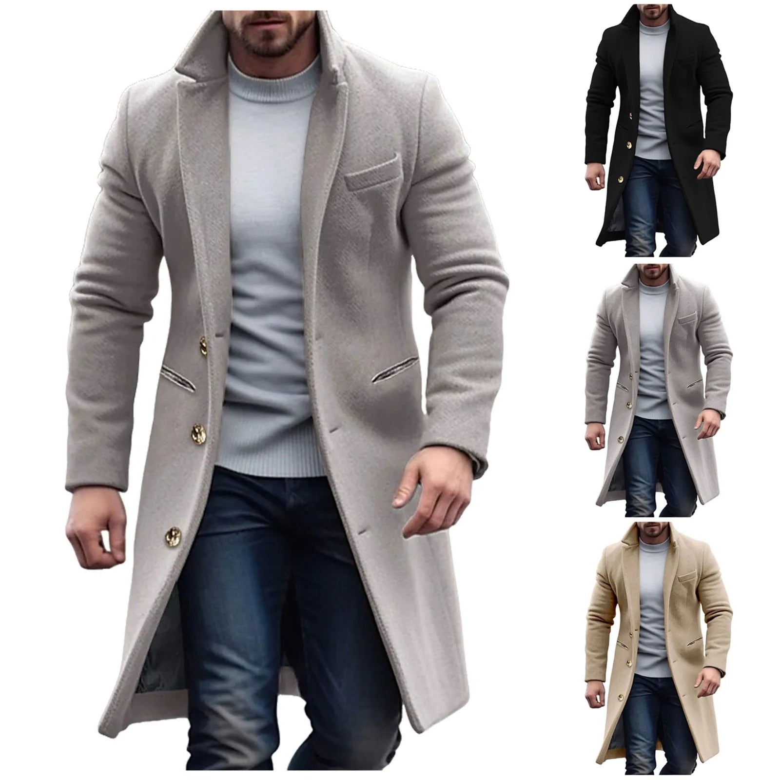 Woolen Mid Length Trench Coat Mens Fashion Jackets Men'S Coat Pocket Work Clothes Loose Fit Casual Long Sleeve Jacket Coat