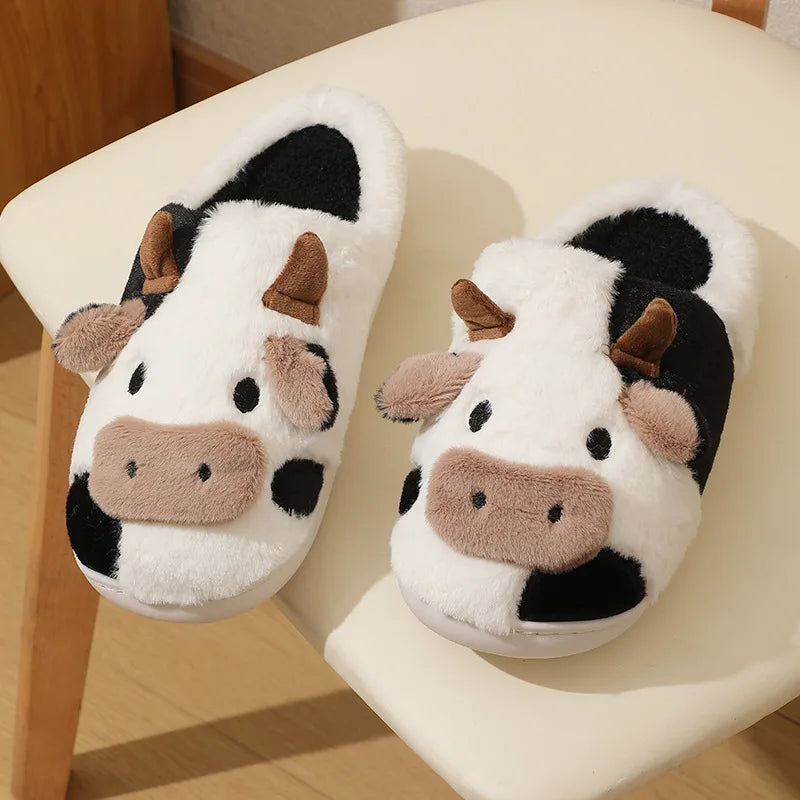 Cute Fluffy Cow Slippers Comfortable Fluffy Winter Warm Slippers Soft Woman Cartoon Milk Cow House Slipper For Women Girls