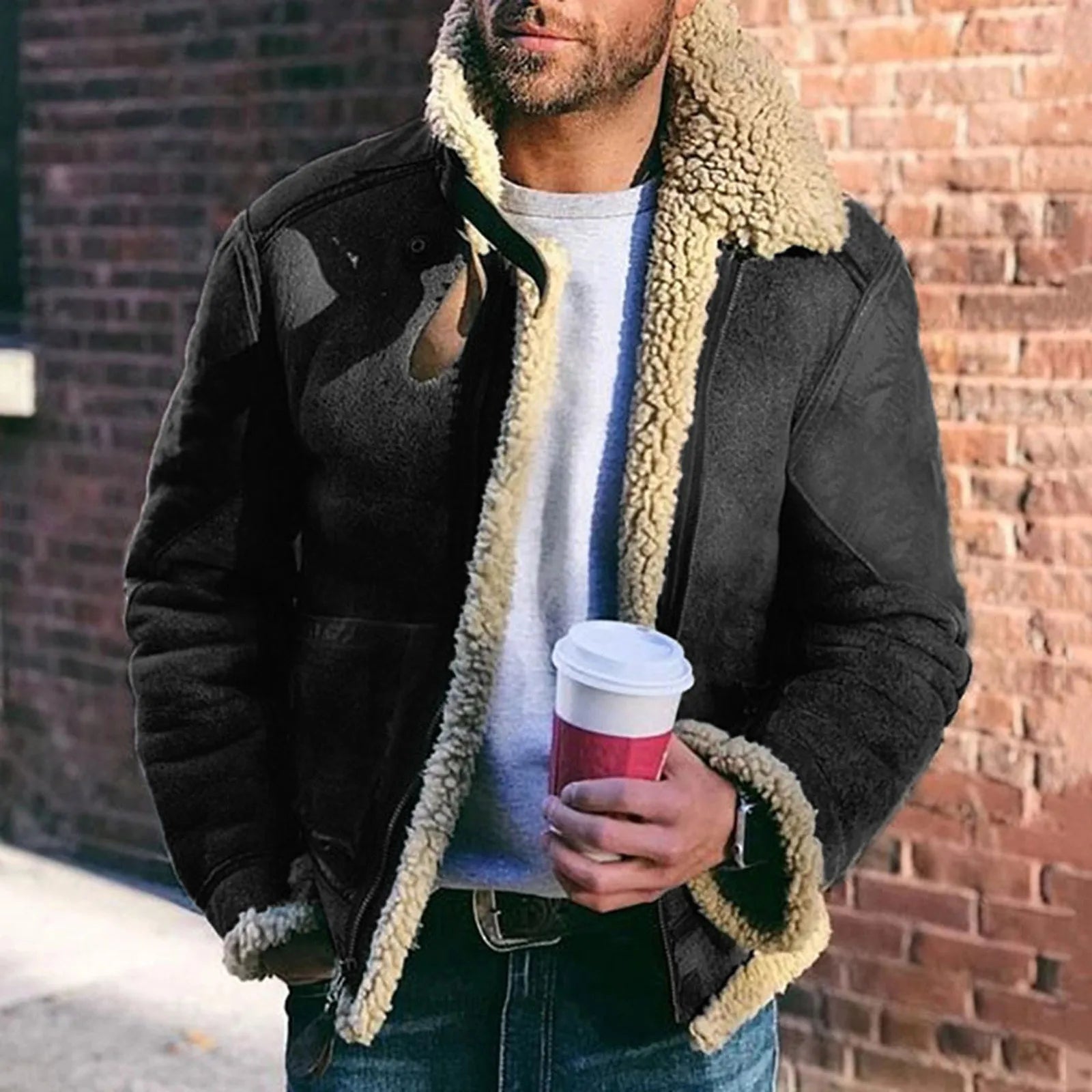 Men's Vintage Handsome Zipper Outwear New Imitation Leather Velvet Fur Integrated Long Sleeve Artificial Fur Thick Warm Jacket