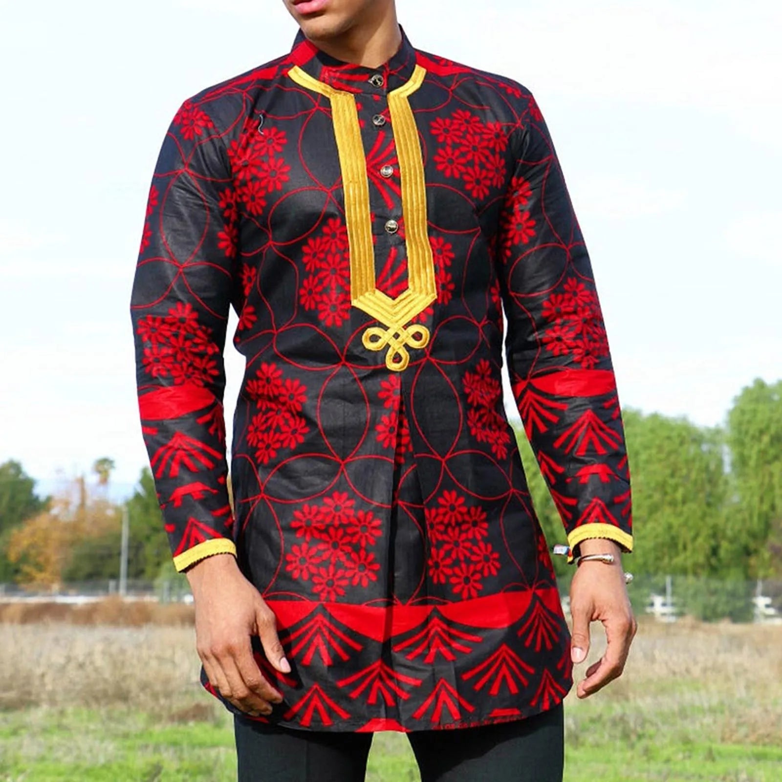Men'S Shirts Men'S Simple Casual Shirt Ethnic Printing African Style Long Sleeve Shirt Stand Up Collar Lightning Thin Blouse