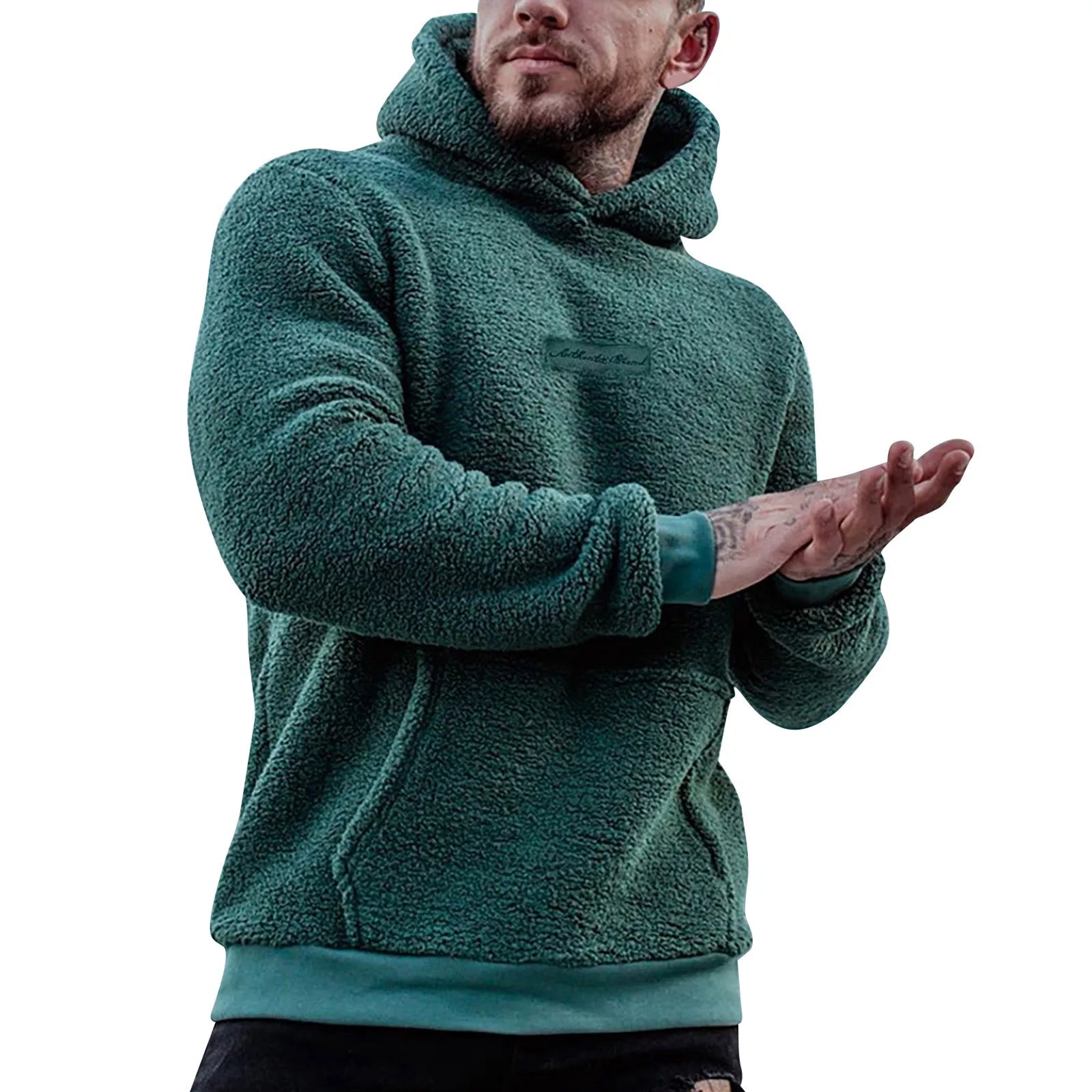 Man Autumn Plush Hoodie Sweatshirt Winter New Fuzzy Fleece Solid Color Letter Long Sleeve Pockets Hooded Sweatshirt Streetwear