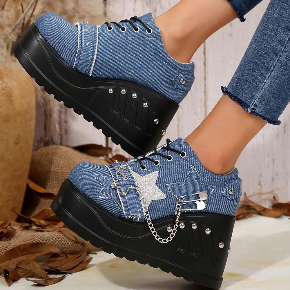 Gothic Chunky Platform Wedges Denim Women Mary Janes Shoes 2024 New Y2k Sweet Cute Fashion Women Shoes Pumps Loafers Comfy Shoes