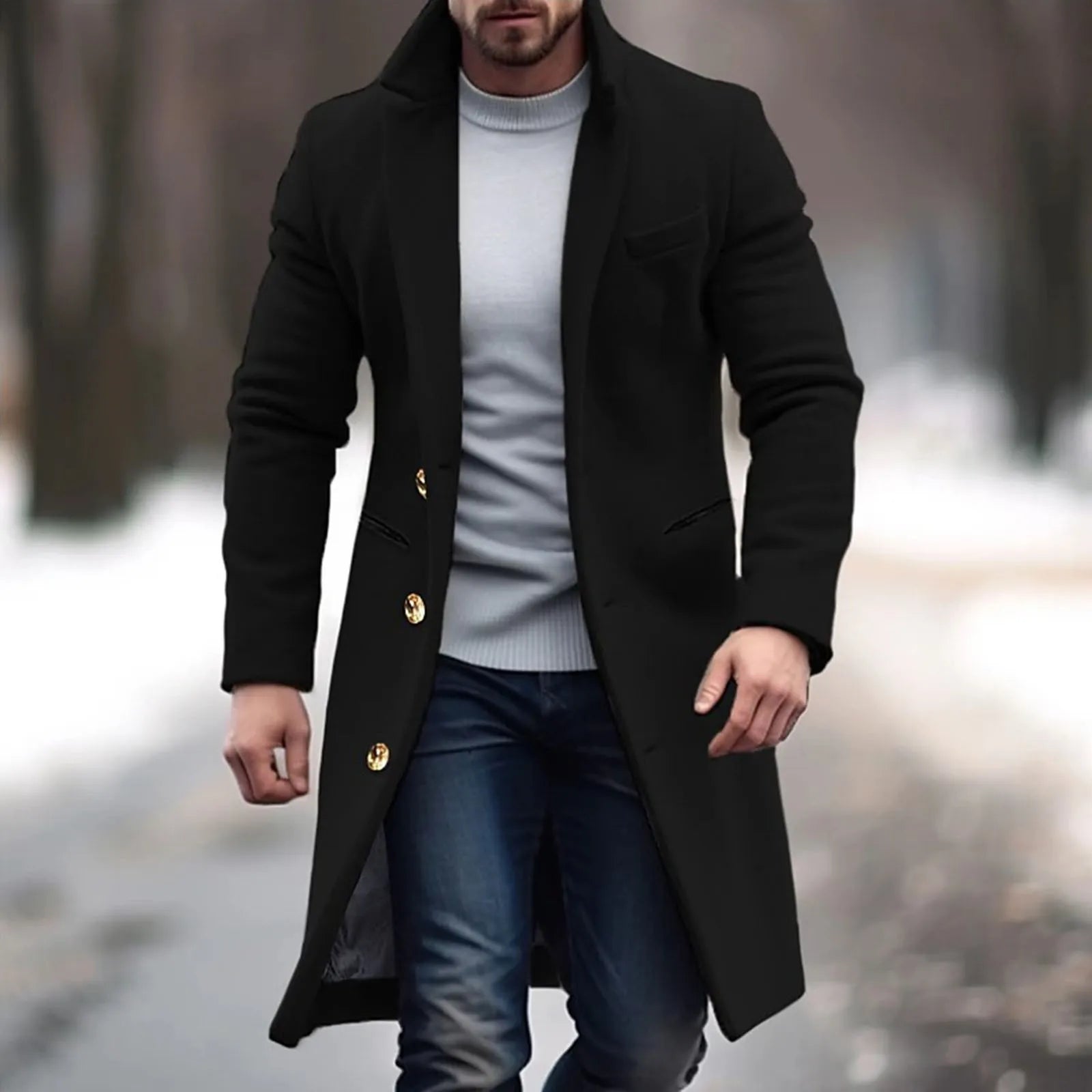 Woolen Mid Length Trench Coat Mens Fashion Jackets Men'S Coat Pocket Work Clothes Loose Fit Casual Long Sleeve Jacket Coat