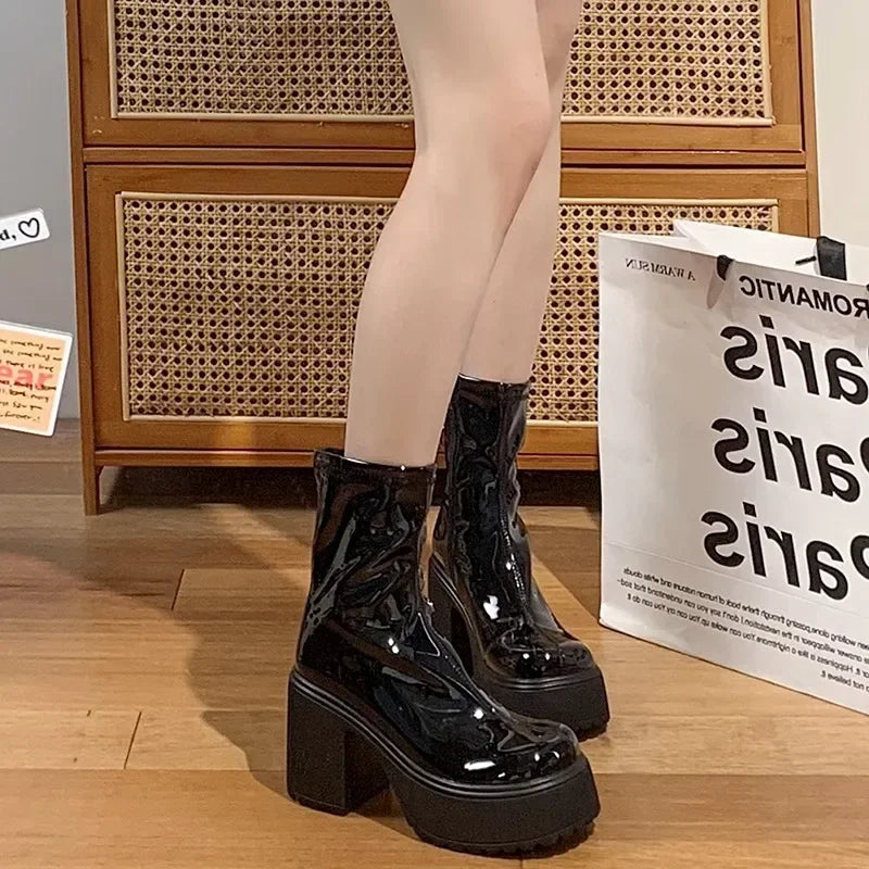 Boots Women's Punk Style Woman Knee-High Boots Zipper Platform Patent Leather Long Booties Autumn Winter High Heel Ladies Shoes