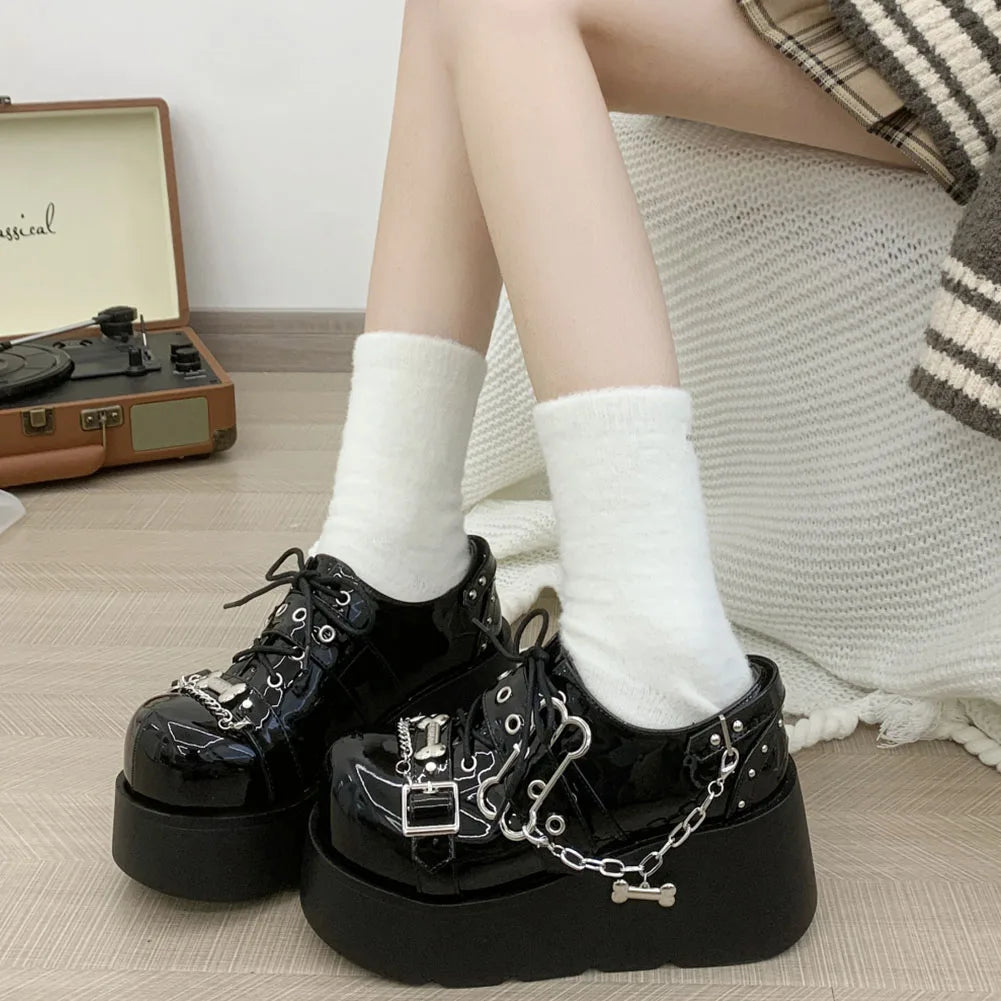 Gothic Chunky Platform Wedges Denim Women Mary Janes Shoes 2024 New Y2k Sweet Cute Fashion Women Shoes Pumps Loafers Comfy Shoes