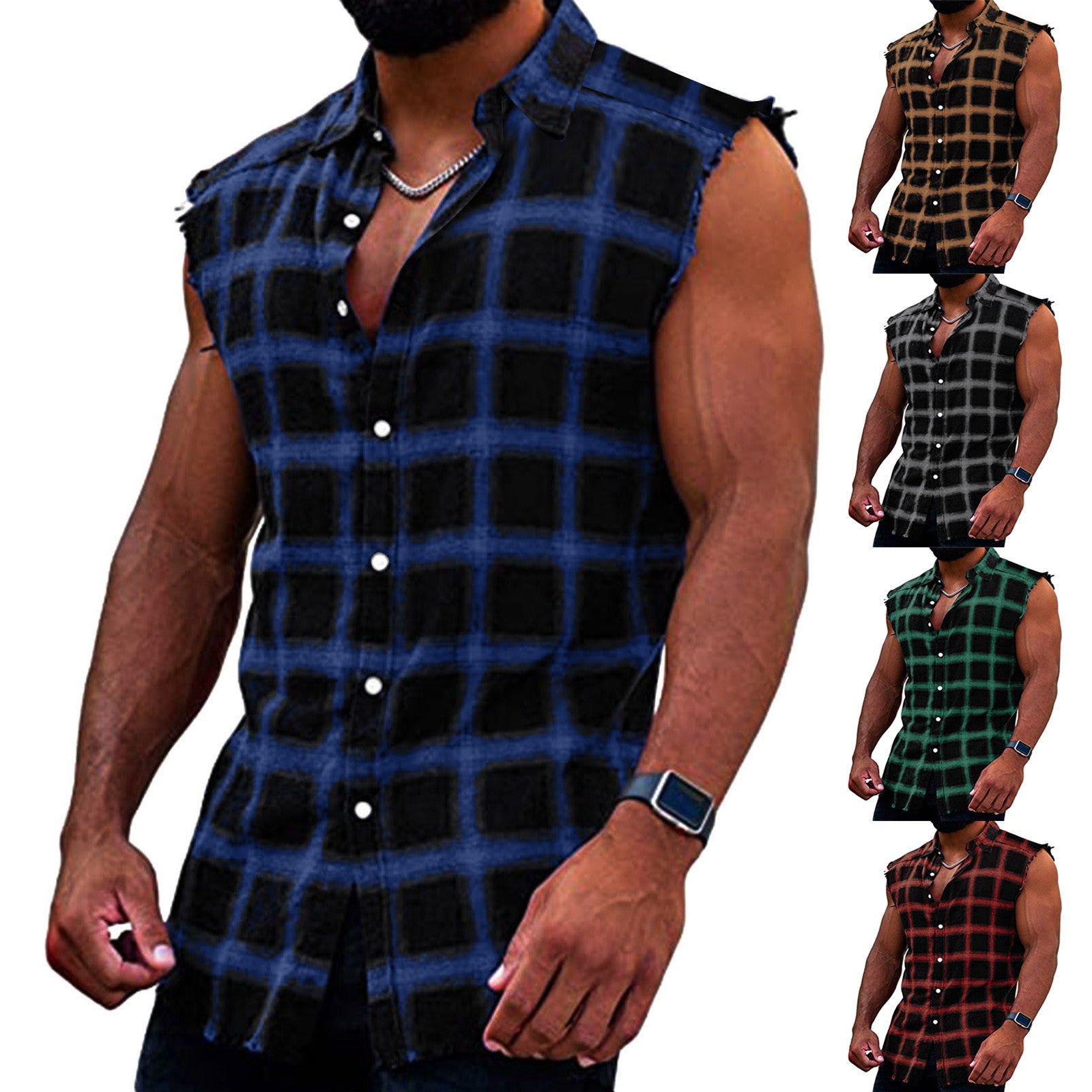 Men's Summer Fashion Casual Plaid Print Sleeveless T Shirt Vest Buckle Sanding 2024 Korean Style Mens Tank Tops Beach Vest