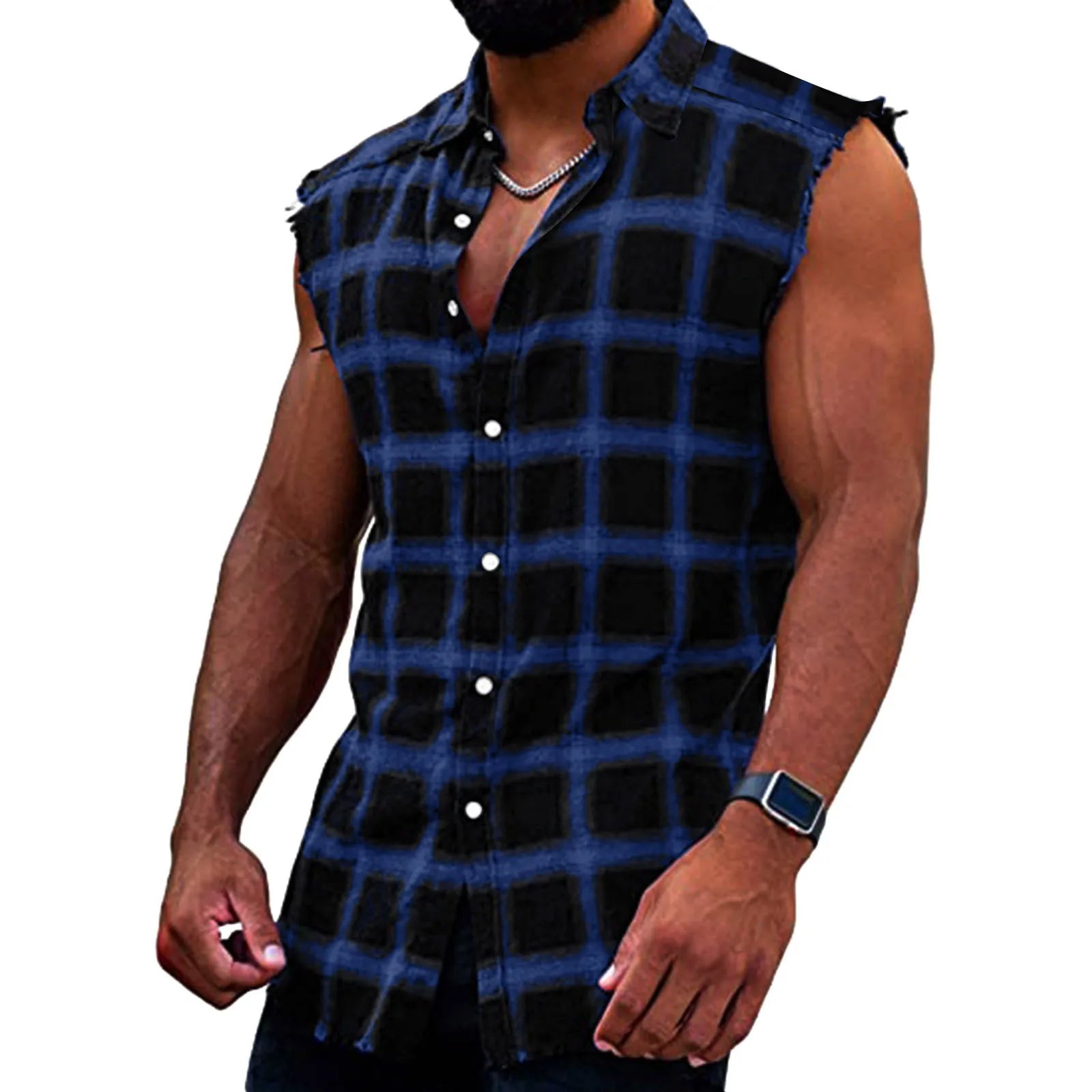 Men's Summer Fashion Casual Plaid Print Sleeveless T Shirt Vest Buckle Sanding 2024 Korean Style Mens Tank Tops Beach Vest