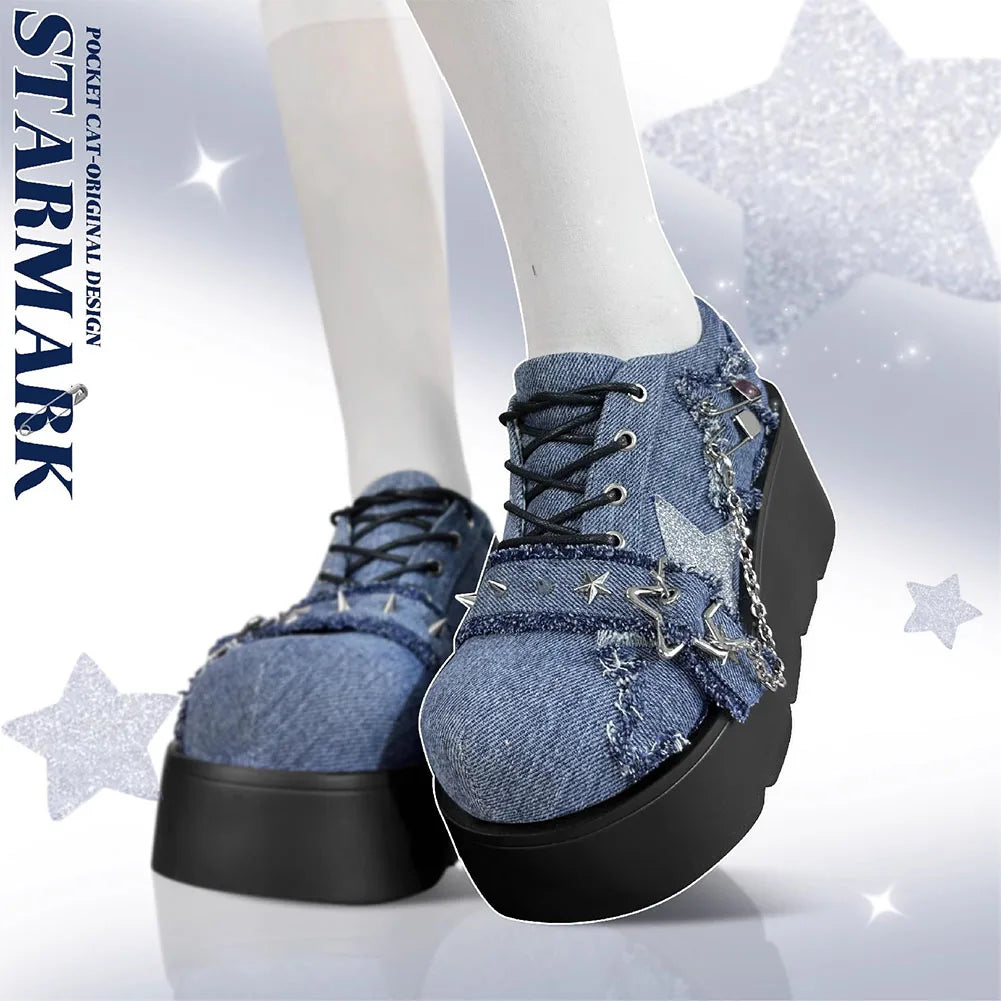 Gothic Chunky Platform Wedges Denim Women Mary Janes Shoes 2024 New Y2k Sweet Cute Fashion Women Shoes Pumps Loafers Comfy Shoes
