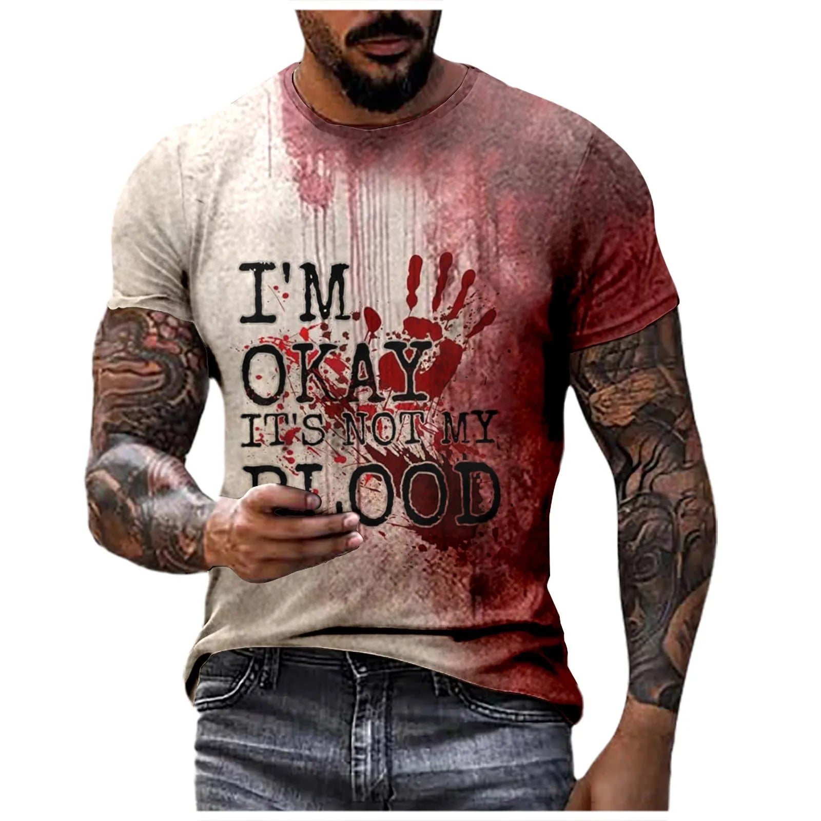 Problem Solved Bloody Fonts T-Shirt Male 2024 Halloween Print Tops Short Sleeve Round Neck Distressed T Shirt Holiday Party Top