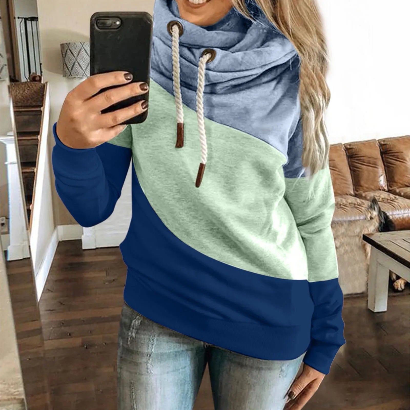 Autumn Women Three-Color Stitching Drawstring Hooded Casual Fashion With Cap Collar Long Sleeve Tops Lady Black Sweatshirt 2023