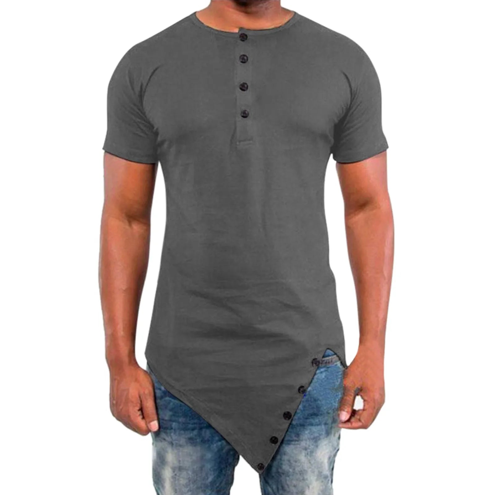 Men Irregular Hip Hop T Shirt Short Sleeve Button Summer Washed T Shirt Man Clothes Fitness Gym Cotton Solid T Shirts Clothing