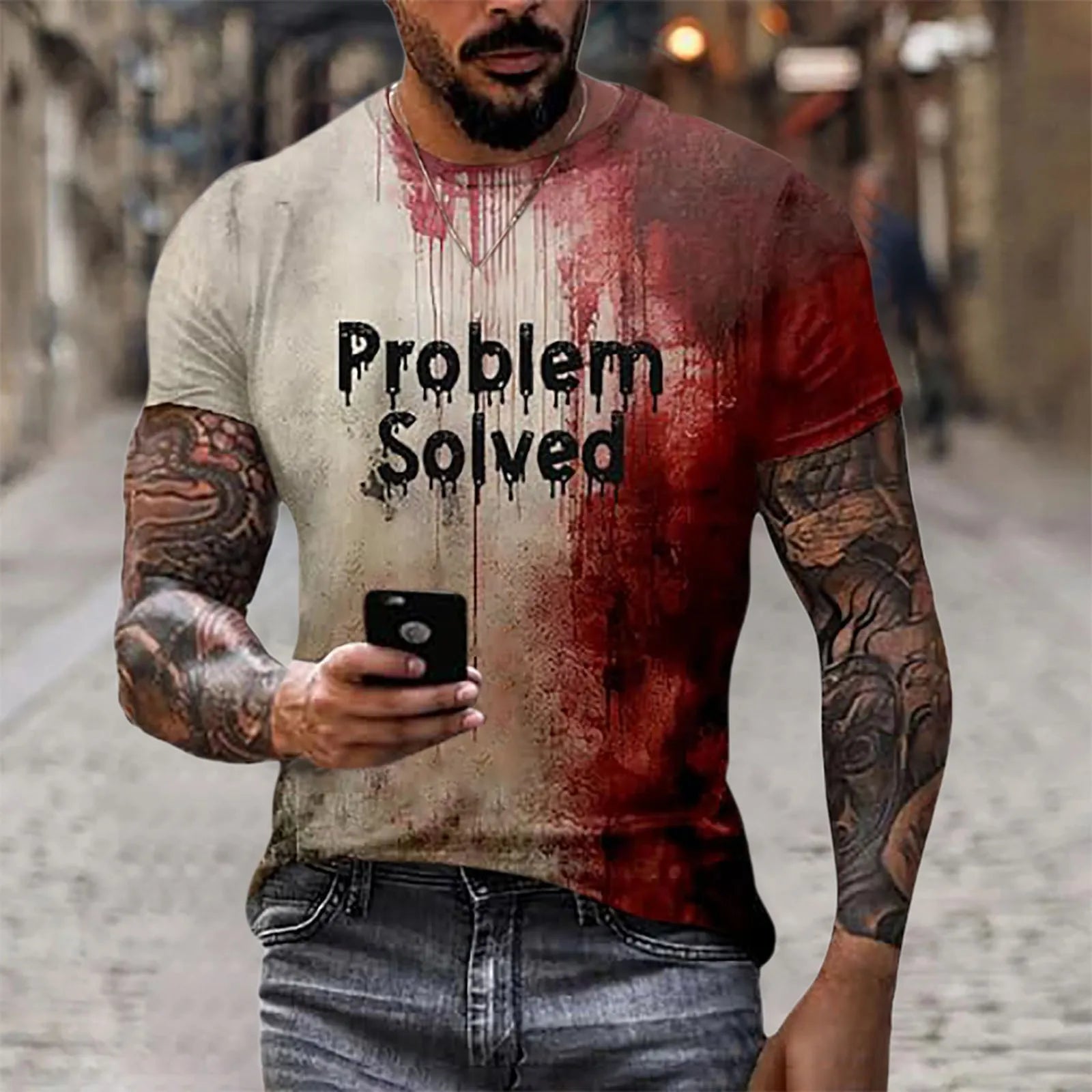 Problem Solved Bloody Fonts T-Shirt Male 2024 Halloween Print Tops Short Sleeve Round Neck Distressed T Shirt Holiday Party Top