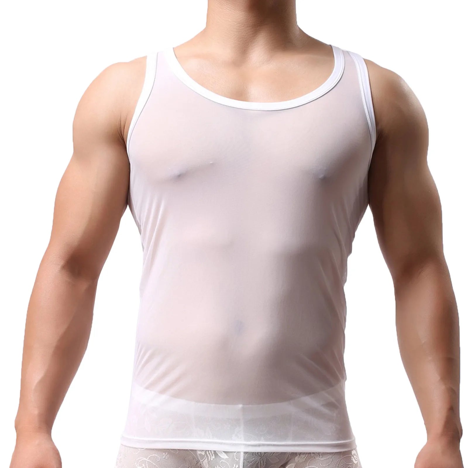 Sexy Mesh See Through Vest Mens Slim Fit Sleeveless T Shirt Ultrathin Seamless Breathable Tank Top Sexy Underwear Lining Vests