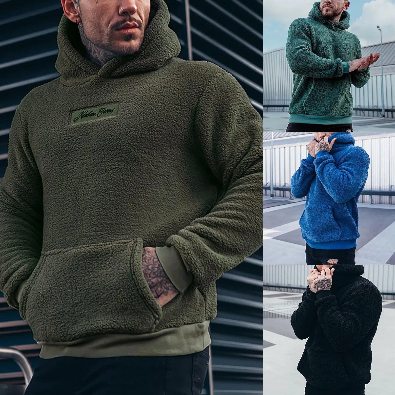 Man Autumn Plush Hoodie Sweatshirt Winter New Fuzzy Fleece Solid Color Letter Long Sleeve Pockets Hooded Sweatshirt Streetwear