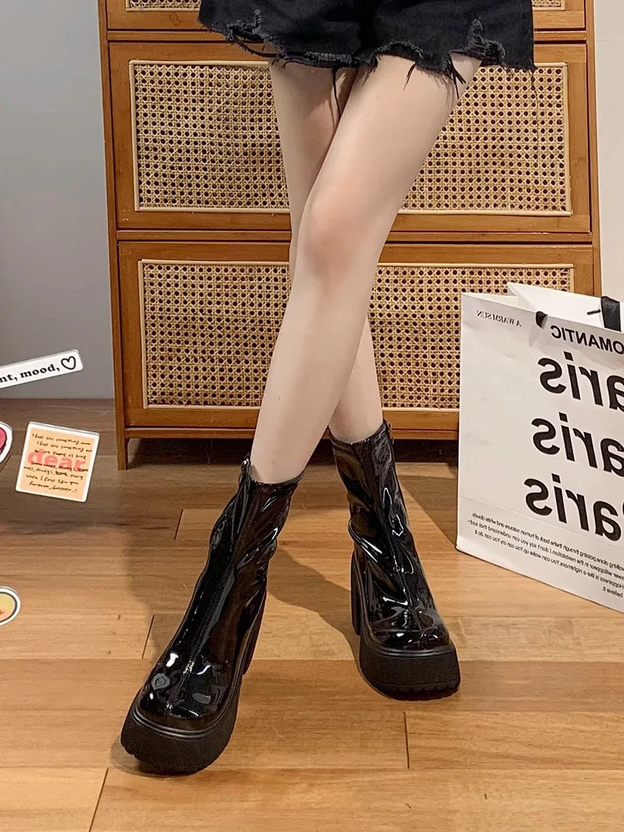 Boots Women's Punk Style Woman Knee-High Boots Zipper Platform Patent Leather Long Booties Autumn Winter High Heel Ladies Shoes