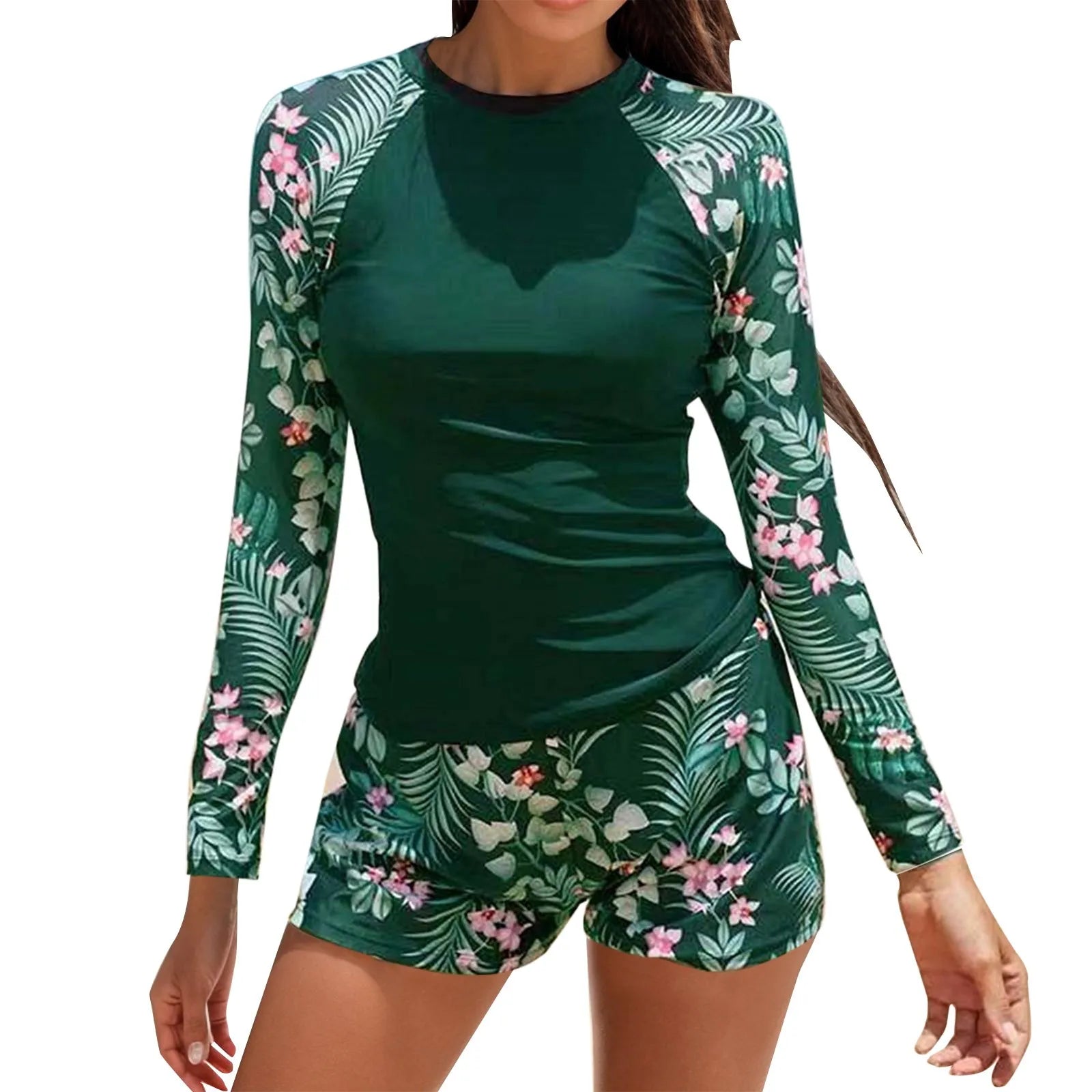Women'S New Printed Long Sleeve Swimsuit Conservative Boxer Swimsuit Thin Split Swimsuit Quick Dry Breathable Split Surfing Suit
