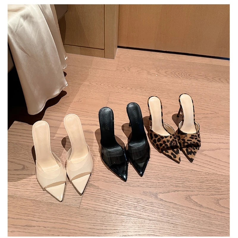 Summer Women's High Heels New Pointy Thin Leopard Print Slippers Casual Fashion Slippers Chaussure Femme