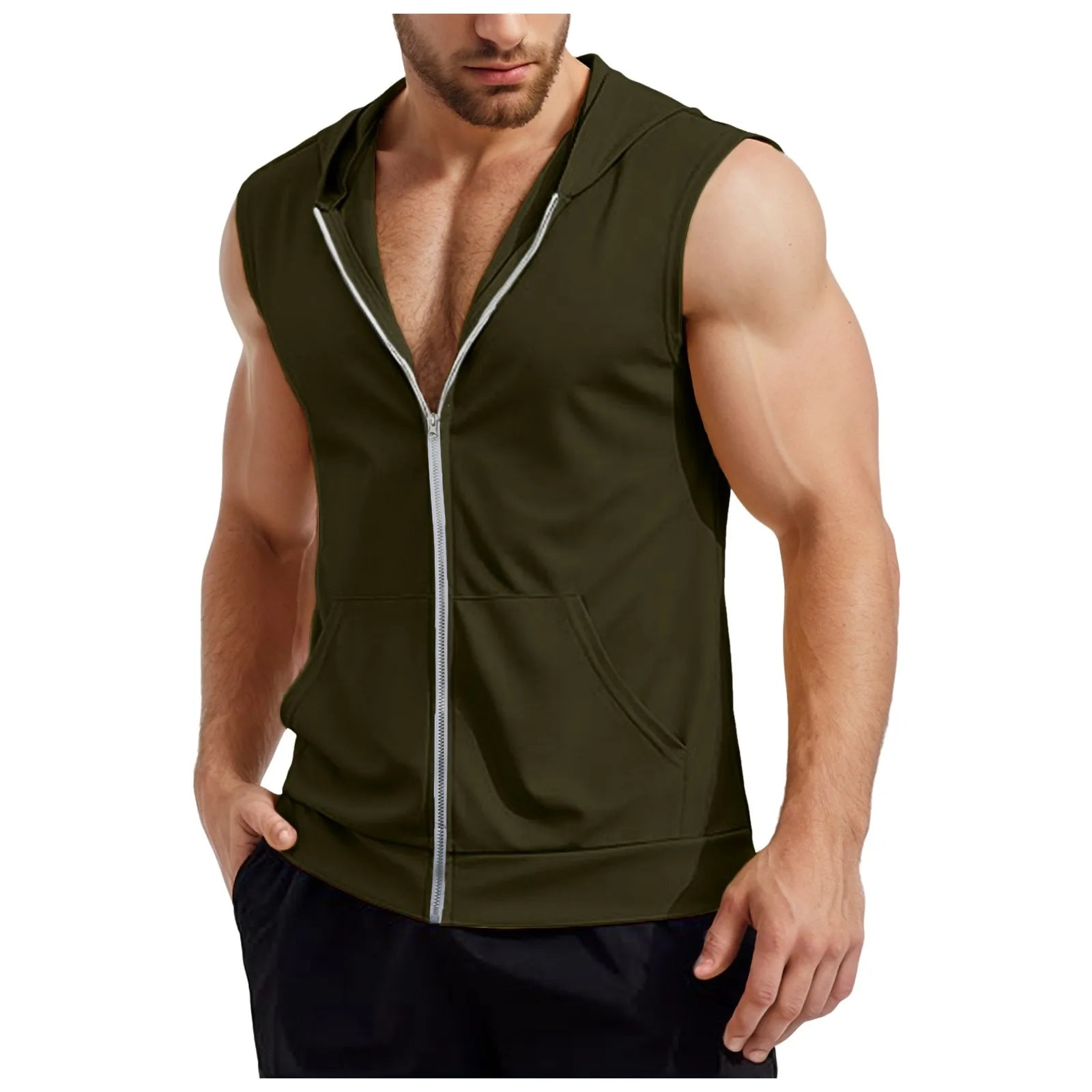 Mens Workout Hooded Tank Tops Zip Up Sleeveless Gym Shirts Muscle T Shirt Summer Bodybuilding Vest Solid Color Hoodies T Shirt