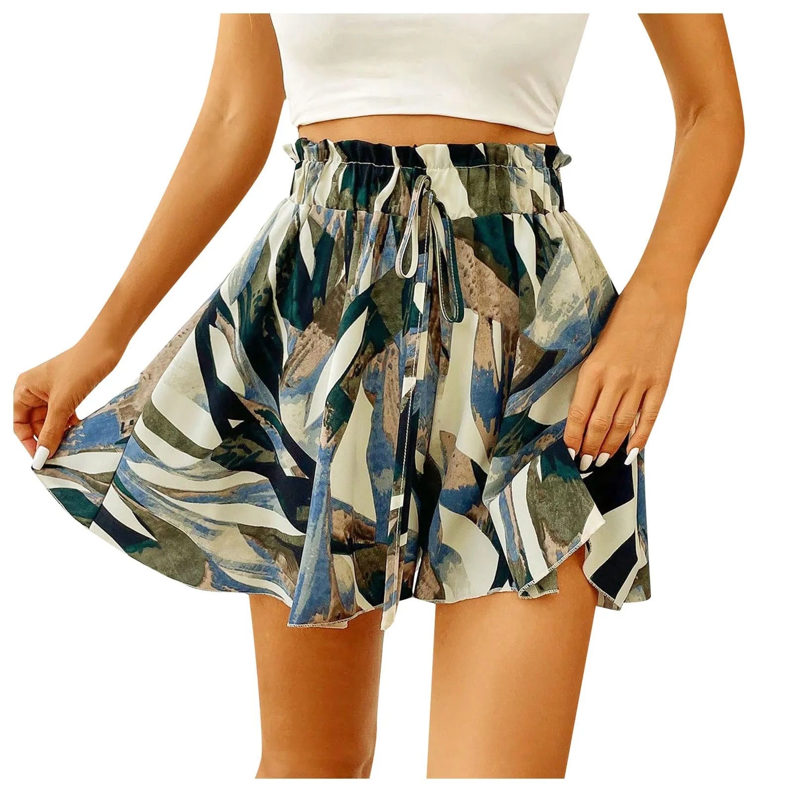 Women Printed Elastic Waist Shorts Elegant Wide Leg Loose Summer Casual Holiday Style Shorts Business Casual Work Shorts