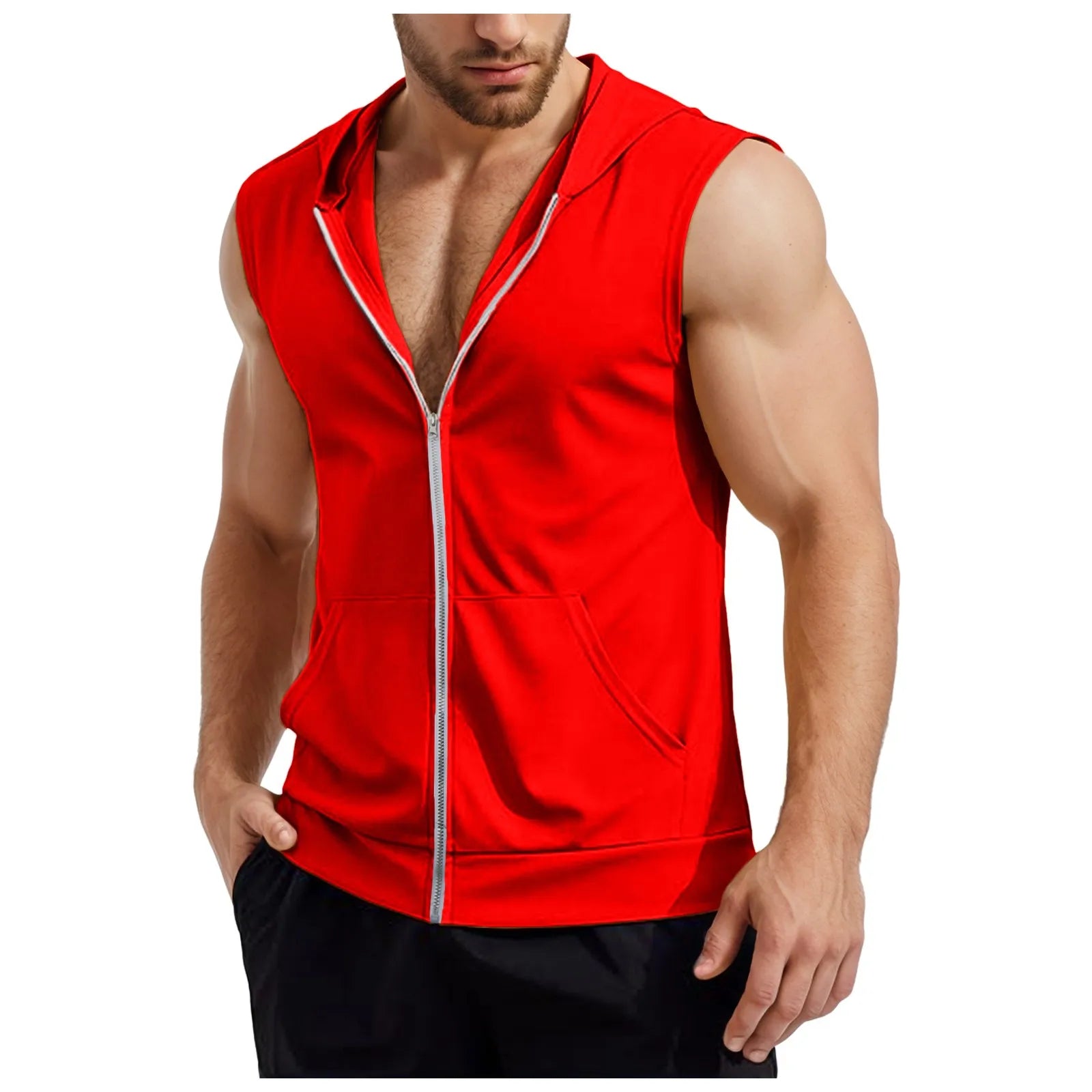Mens Workout Hooded Tank Tops Zip Up Sleeveless Gym Shirts Muscle T Shirt Summer Bodybuilding Vest Solid Color Hoodies T Shirt