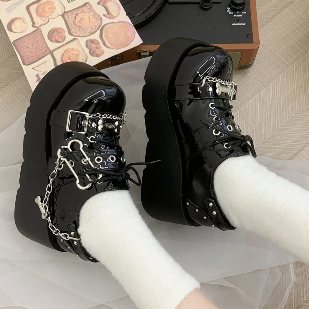 Gothic Chunky Platform Wedges Denim Women Mary Janes Shoes 2024 New Y2k Sweet Cute Fashion Women Shoes Pumps Loafers Comfy Shoes