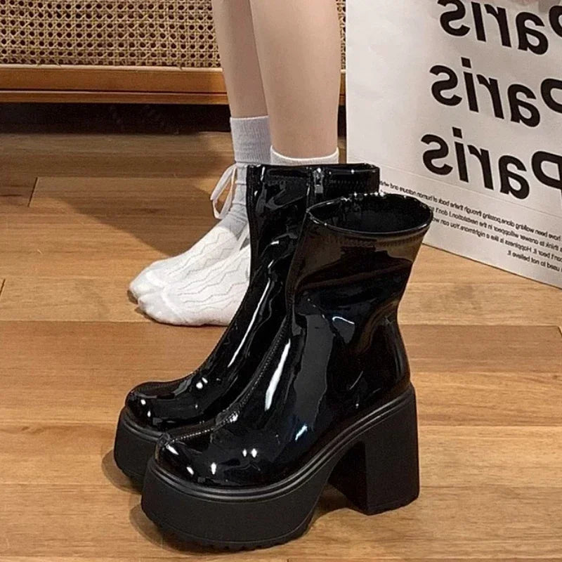Boots Women's Punk Style Woman Knee-High Boots Zipper Platform Patent Leather Long Booties Autumn Winter High Heel Ladies Shoes