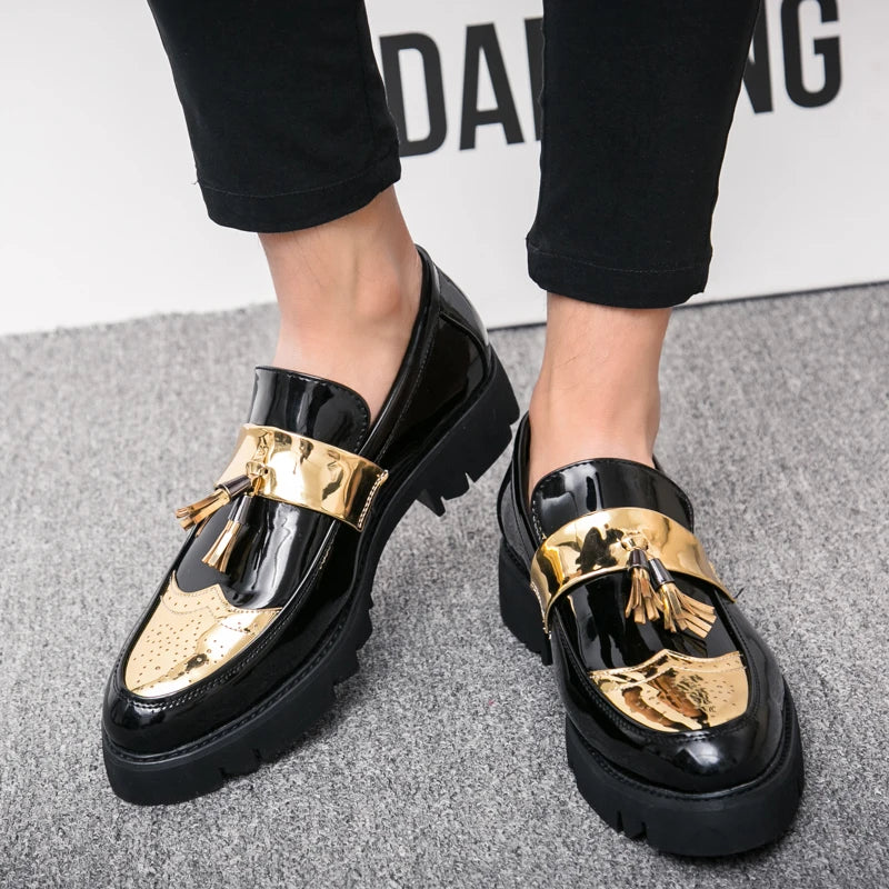 2023 New Luxury Brand Men's Glossy Leather Shoes High-end Gold Patchwork Men's Height Increasing Shoes Banquet Dress Shoes