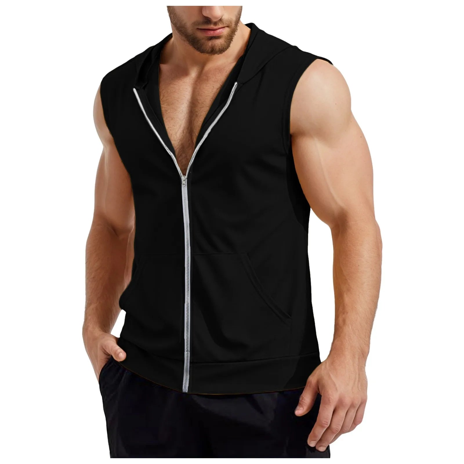 Mens Workout Hooded Tank Tops Zip Up Sleeveless Gym Shirts Muscle T Shirt Summer Bodybuilding Vest Solid Color Hoodies T Shirt