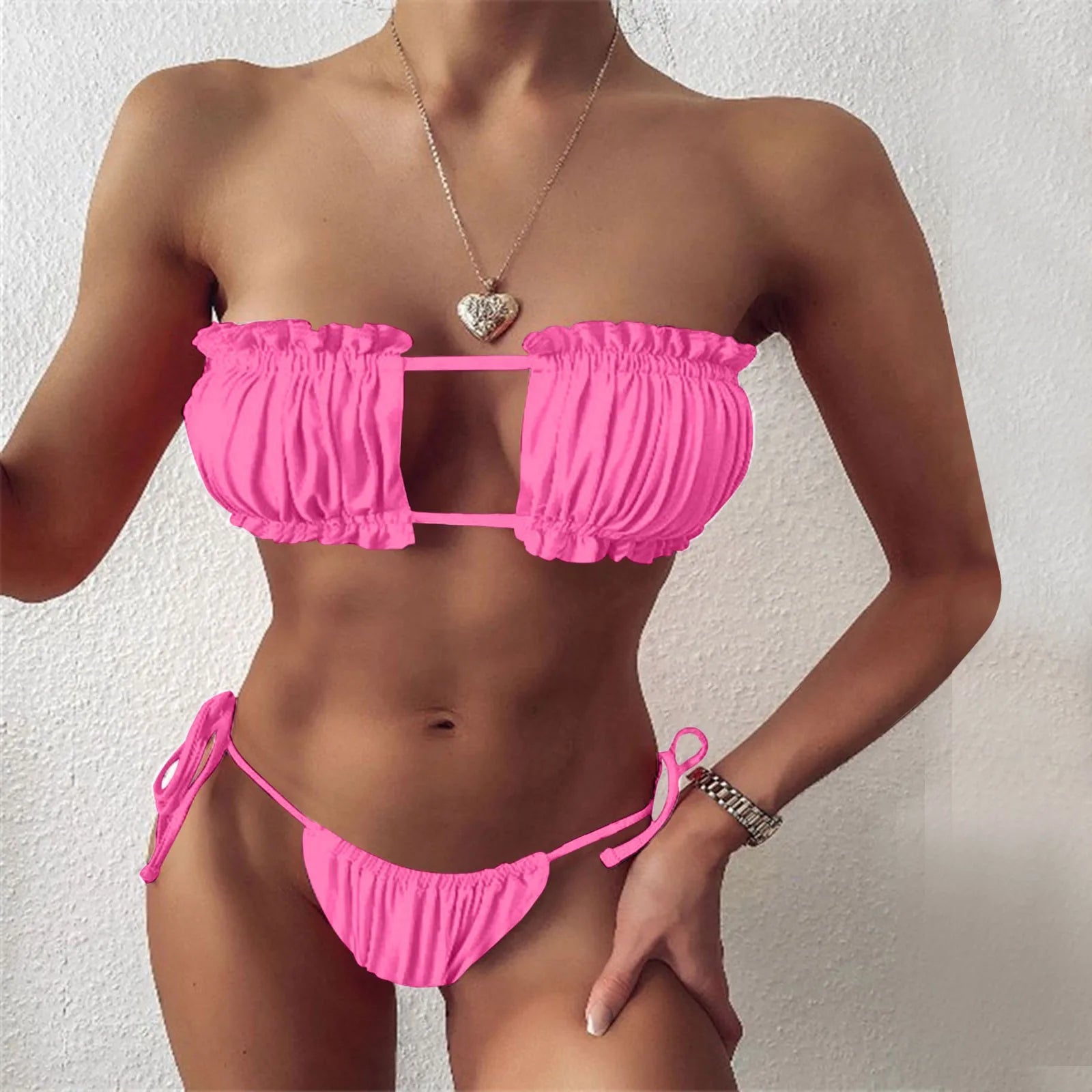 Women's Sexy Pleated Hollowed Out Bikini Bikini Tie Up Swimsuit Vacation Outfits Split Swimwear