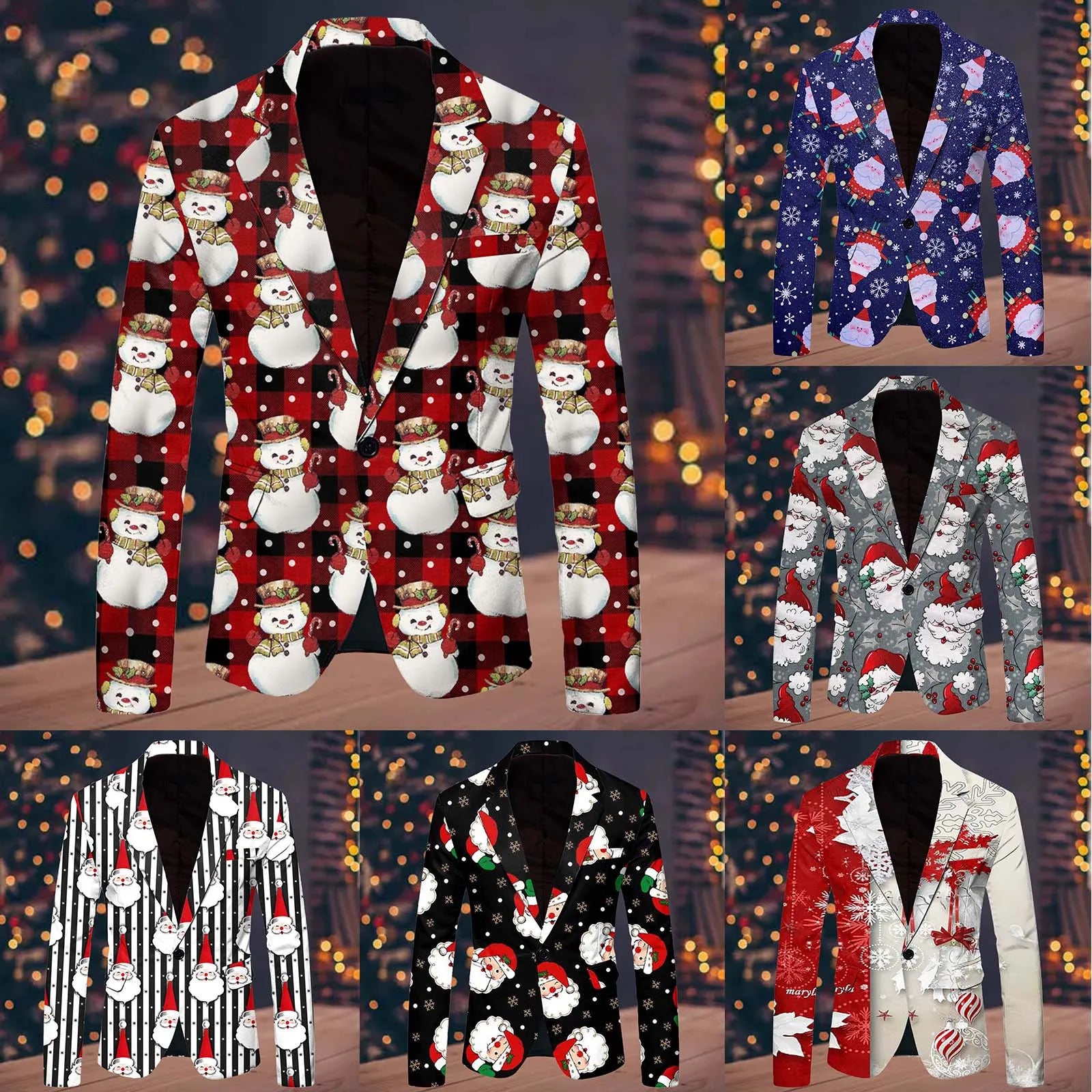 All Print Men Christmas Blazers Fashion Single Breasted Slim Fit Suit Coat Leisure Merry Christmas Party Long Sleeve Jacket
