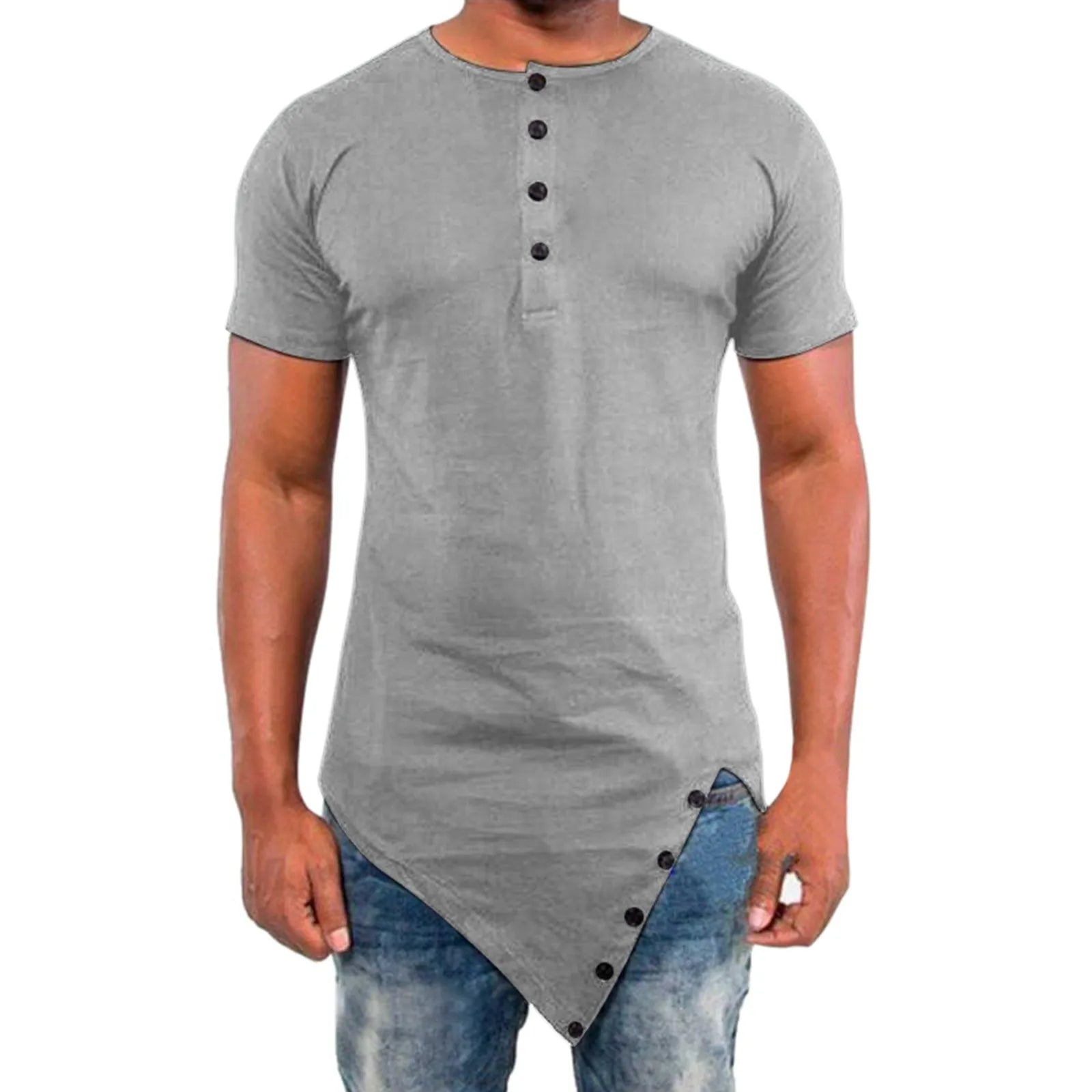 Men Irregular Hip Hop T Shirt Short Sleeve Button Summer Washed T Shirt Man Clothes Fitness Gym Cotton Solid T Shirts Clothing