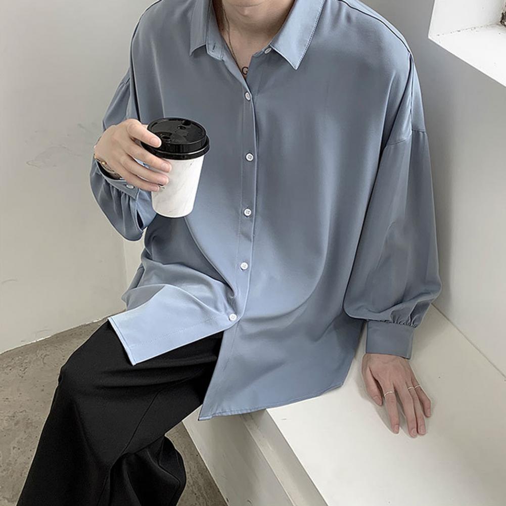 Men Shirt Lapel Long Sleeve Blouses Single-breasted Spring Autumn Loose Fit Solid Color Casual Shirt（No Tie）