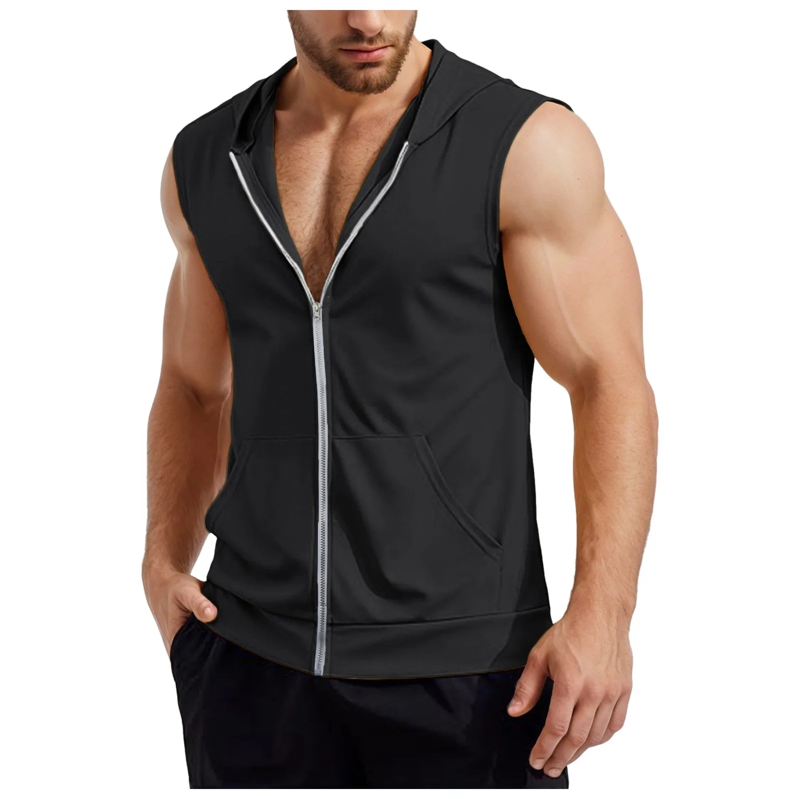 Mens Workout Hooded Tank Tops Zip Up Sleeveless Gym Shirts Muscle T Shirt Summer Bodybuilding Vest Solid Color Hoodies T Shirt