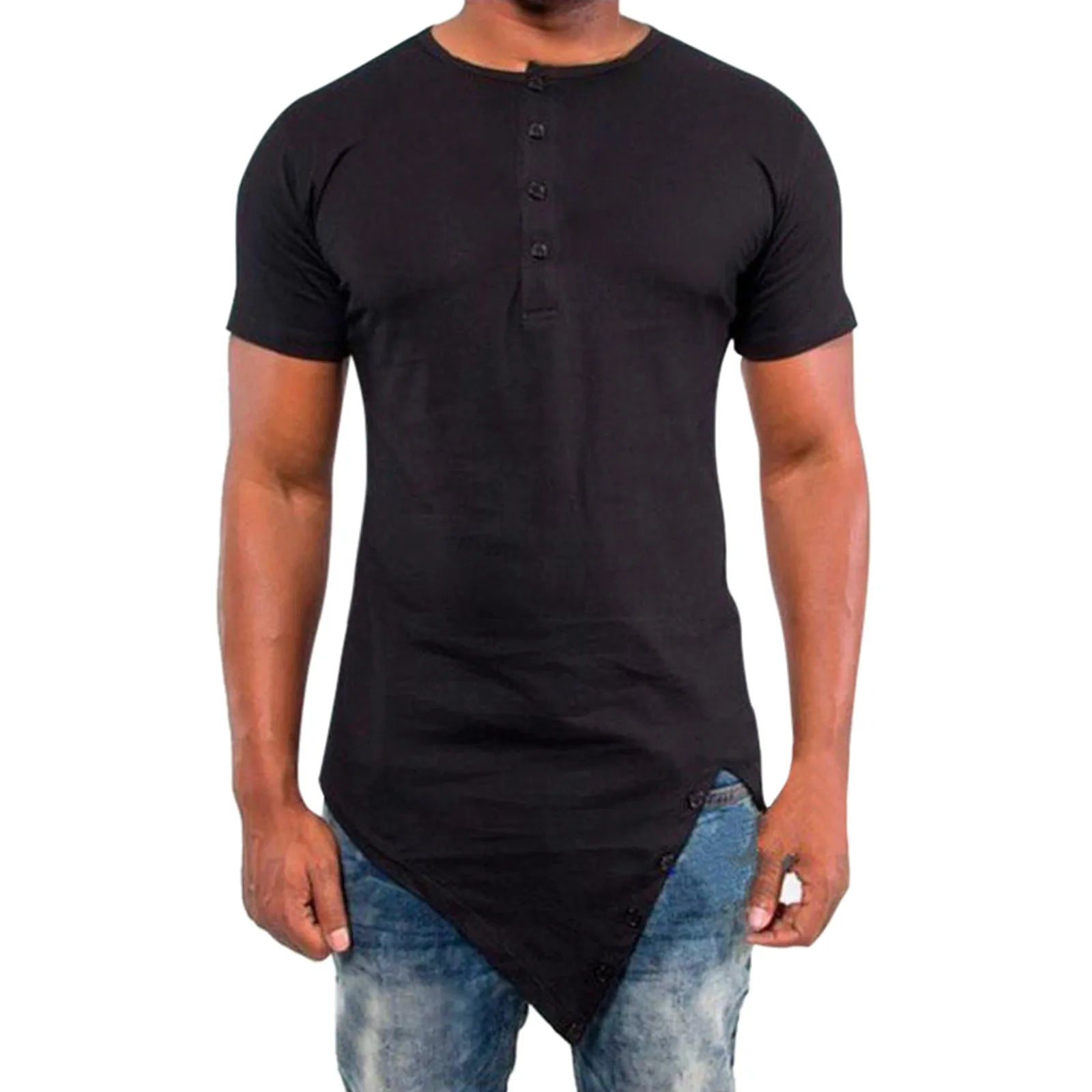 Men Irregular Hip Hop T Shirt Short Sleeve Button Summer Washed T Shirt Man Clothes Fitness Gym Cotton Solid T Shirts Clothing